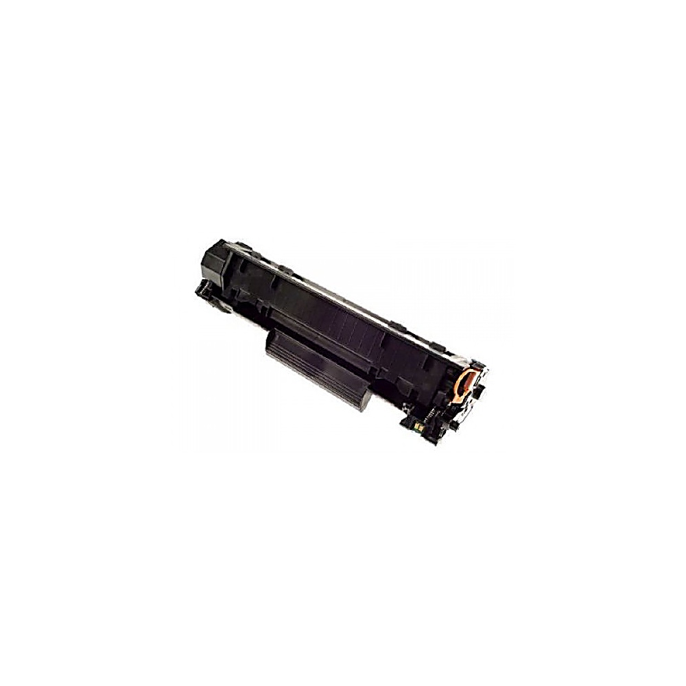 Una cartuccia di toner nera per stampante è posizionata diagonalmente su uno sfondo bianco. Ha una forma rettangolare con vari dettagli.