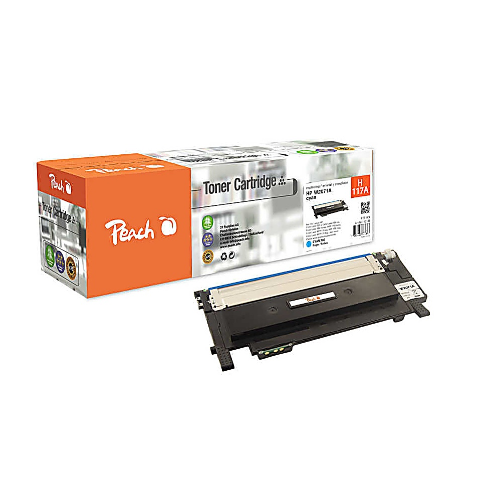 Una scatola di cartucce toner Peach e una cartuccia staccata. La scatola è arancione con il marchio. La cartuccia è nera e ciano.