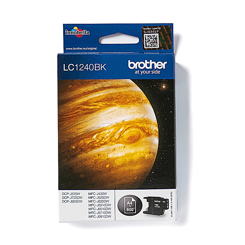 Una scatola di cartucce d'inchiostro Brother. La scatola è blu, con l'immagine di Giove. La cartuccia è nera.