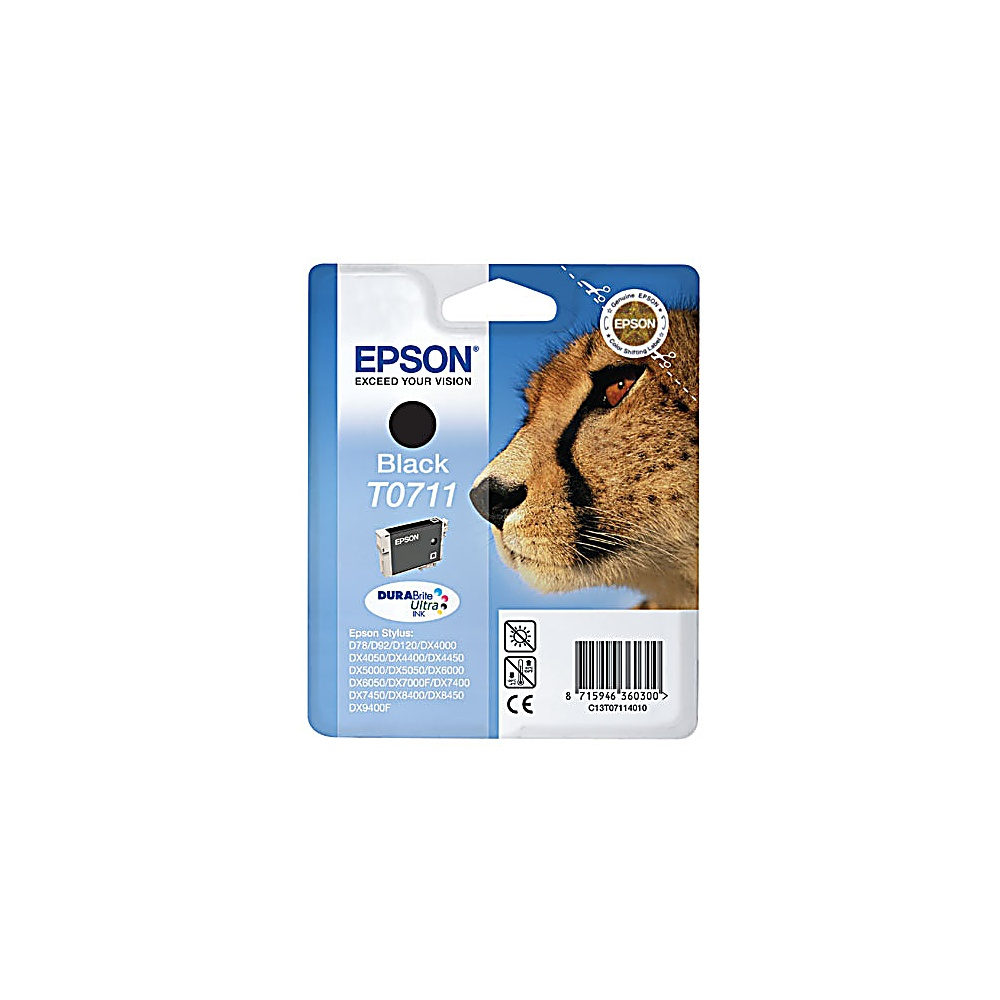 Cartuccia d'inchiostro nero Epson T0711. Raffigura la faccia di un ghepardo. Confezione blu e bianca con dettagli del prodotto e codice a barre.