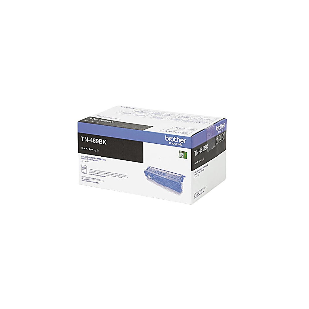 Beyaz zemin üzerinde bir Brother TN-469BK toner kartuşu kutusu. Kutu, siyah ve mavi detaylarla beyazdır.