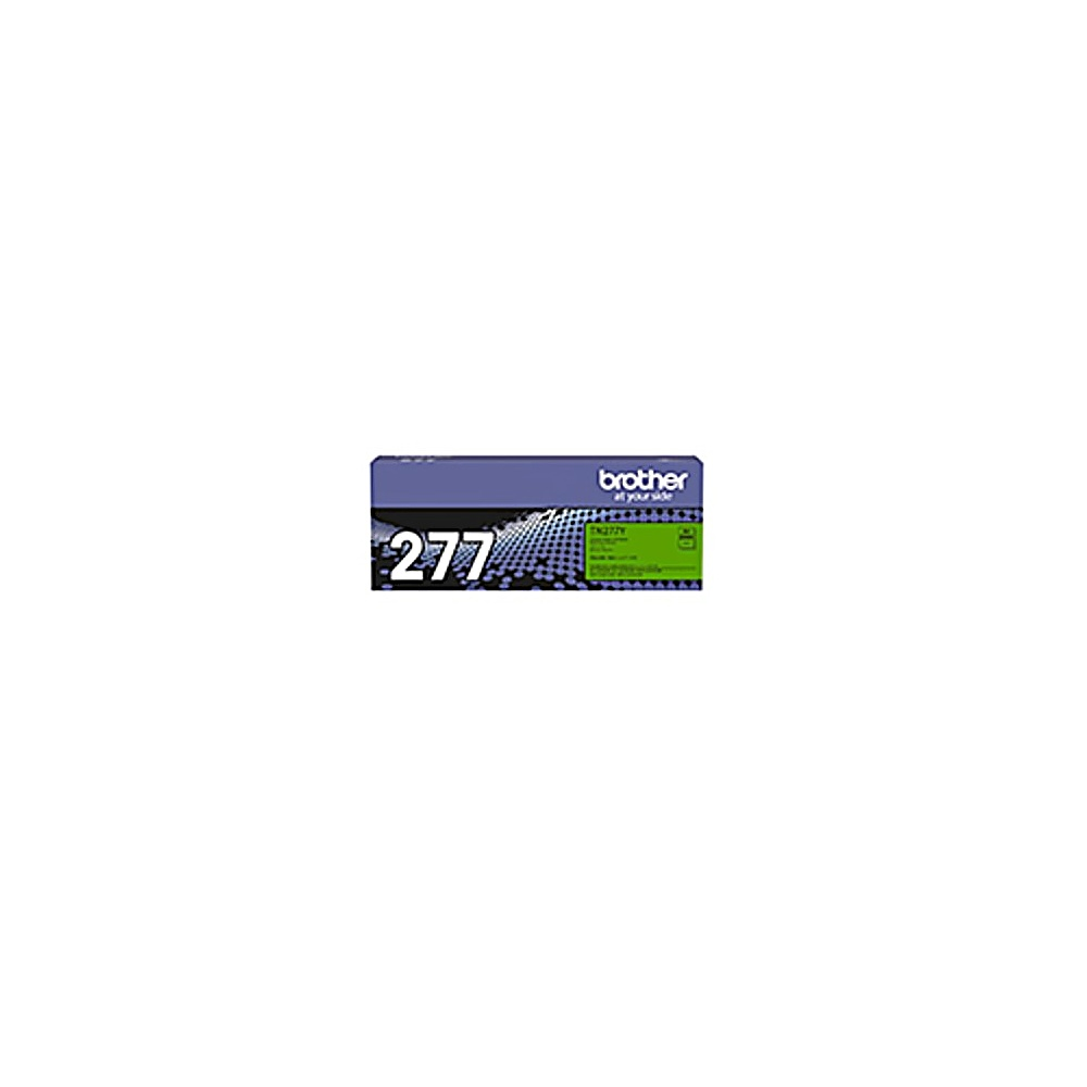 Brother TN277Y toner kartuşu. Beyaz 277 numaralı mavi kutu. Metin ve logolu yeşil etiket.