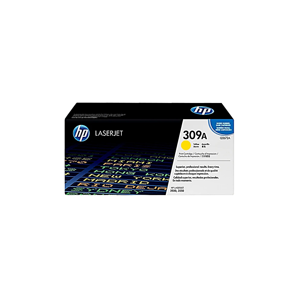 Una scatola di toner giallo HP LaserJet 309A. La scatola è nera con dettagli bianchi e gialli. Mostra città.