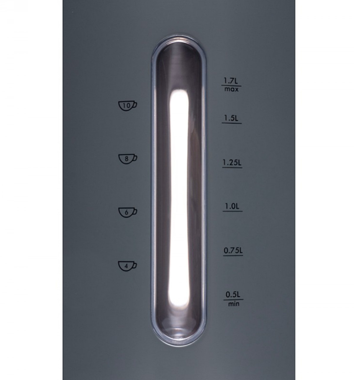 Szary wskaźnik poziomu wody na czajniku. Posiada przezroczyste okienko ze znacznikami objętości od 0,5L do 1,7L.