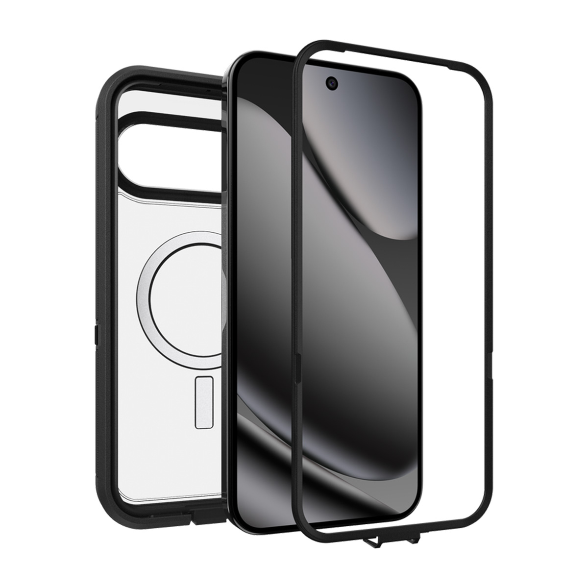 Custodia per telefono in tre parti: cornice nera, retro trasparente e schermo del telefono. Lo schermo è nero con una fotocamera.