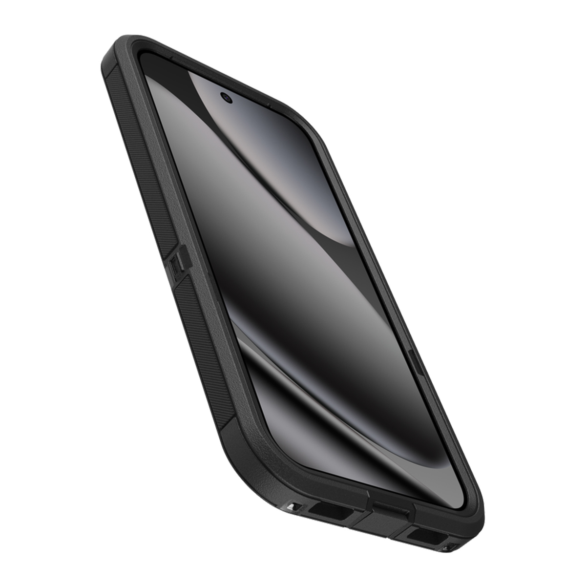Uno smartphone nero in una custodia protettiva. Il telefono è angolato, mostrando lo schermo e i bordi. Lo sfondo è bianco.