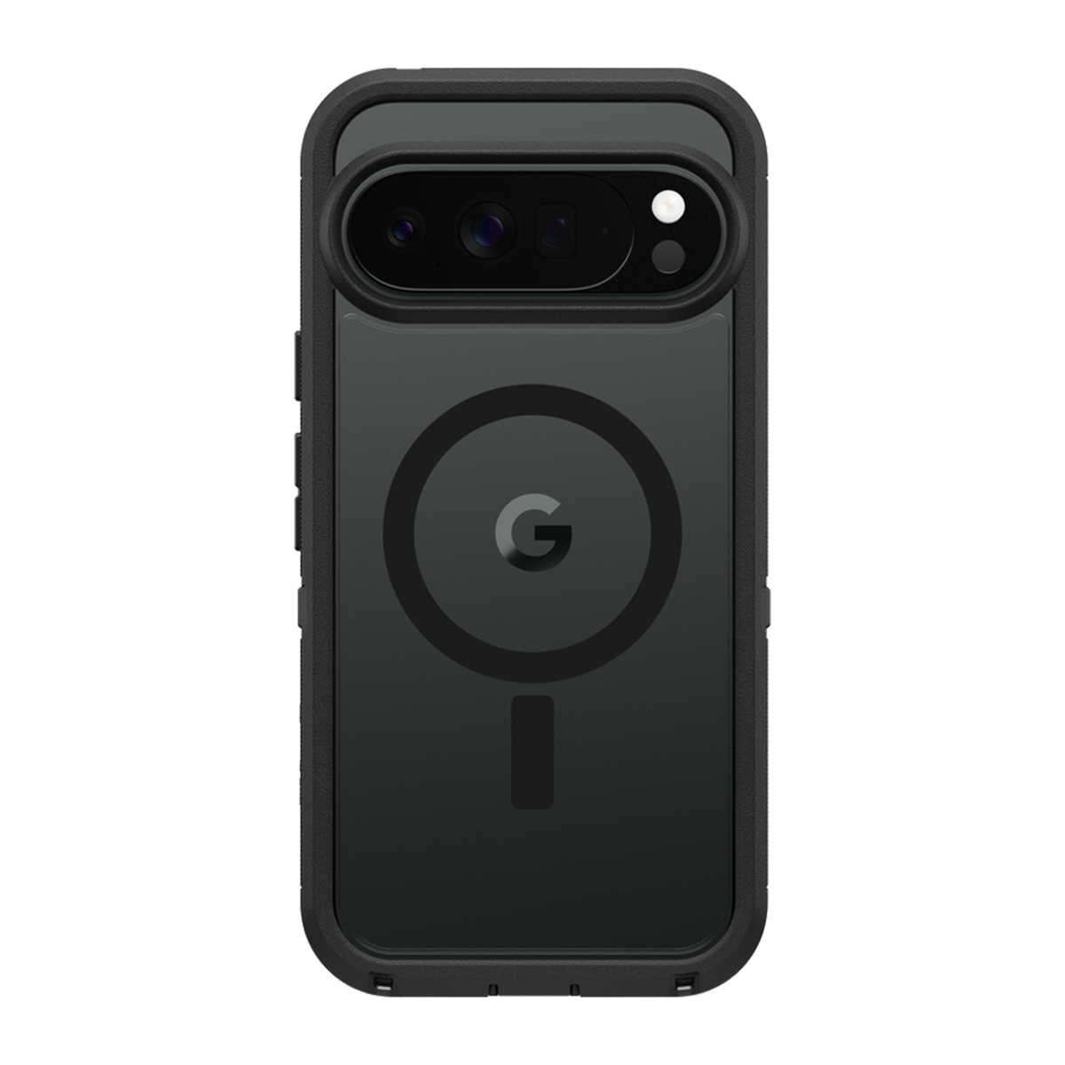 Custodia nera per telefono con ritaglio per fotocamera e logo Google. La custodia ha un cerchio magnetico e una barra verticale.