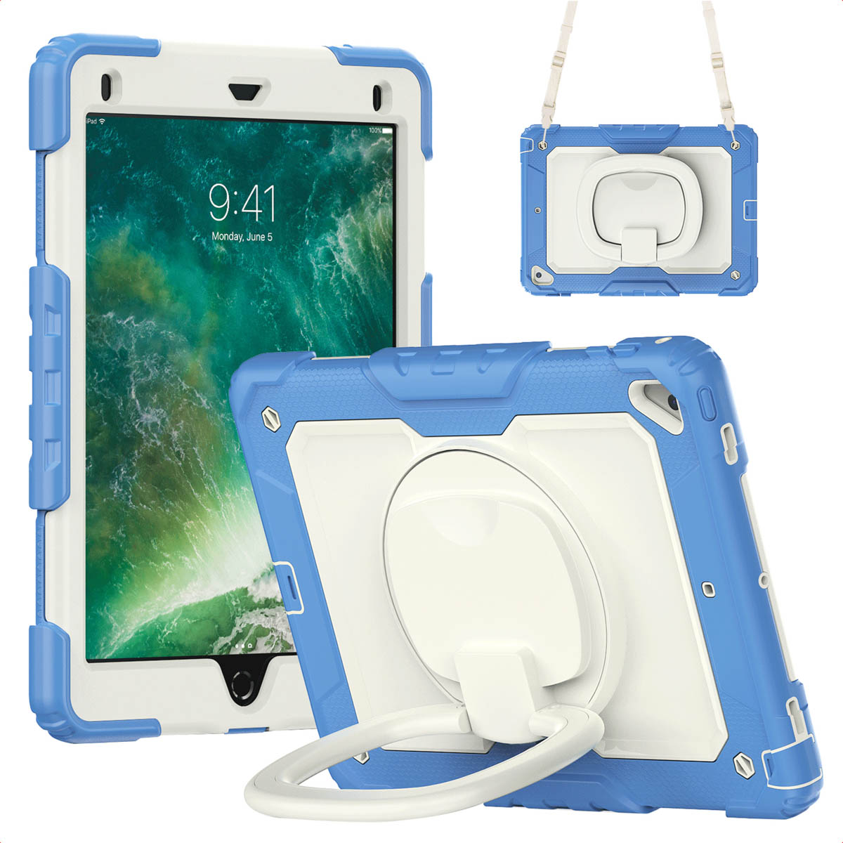 Een iPad in een blauw-witte beschermhoes, met een standaard. Het scherm toont de tijd en een landschapsafbeelding.