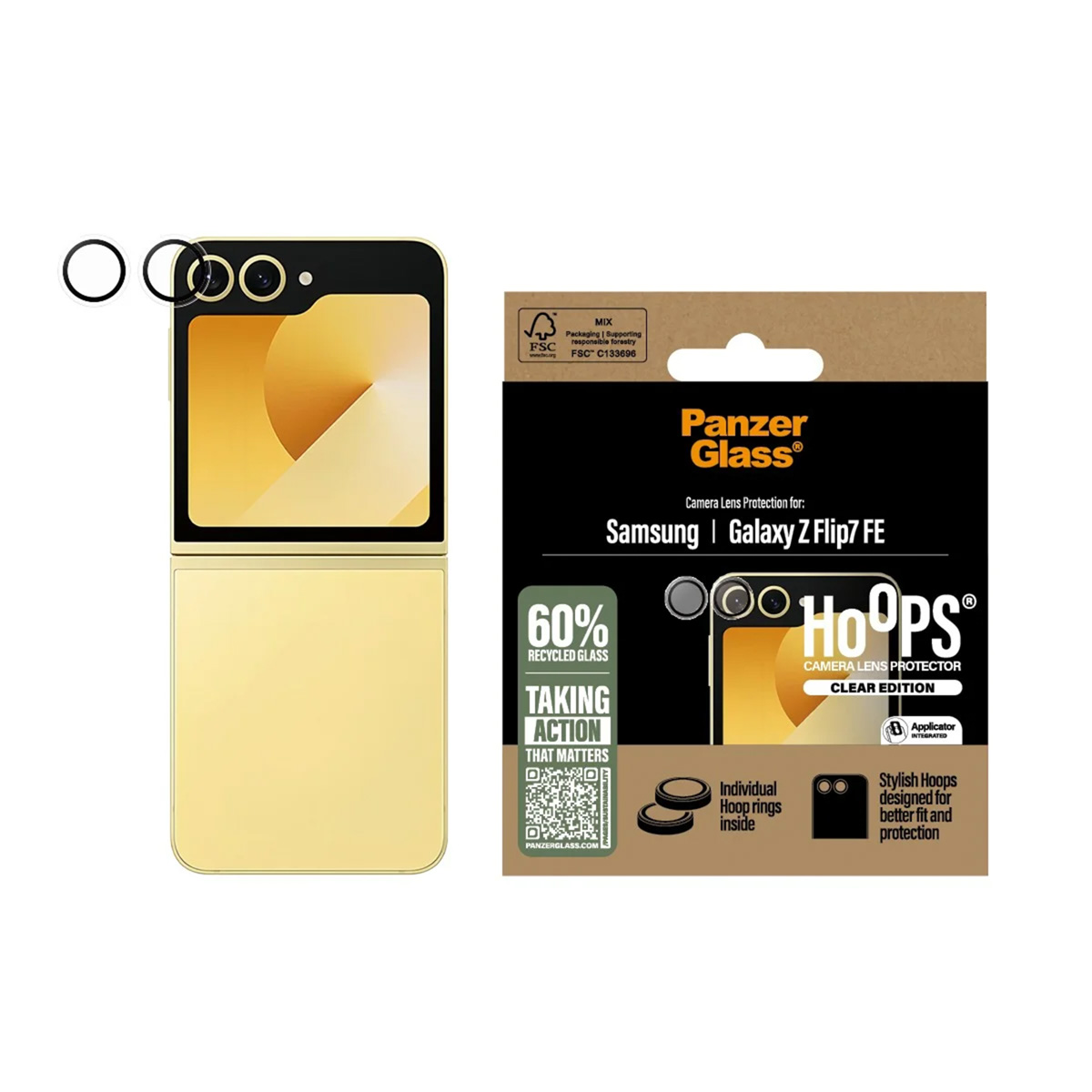 Un téléphone doré Samsung Galaxy Z Flip7 FE et un emballage PanzerGlass. L'emballage contient du texte et des images sur la protection de l'objectif de l'appareil photo.