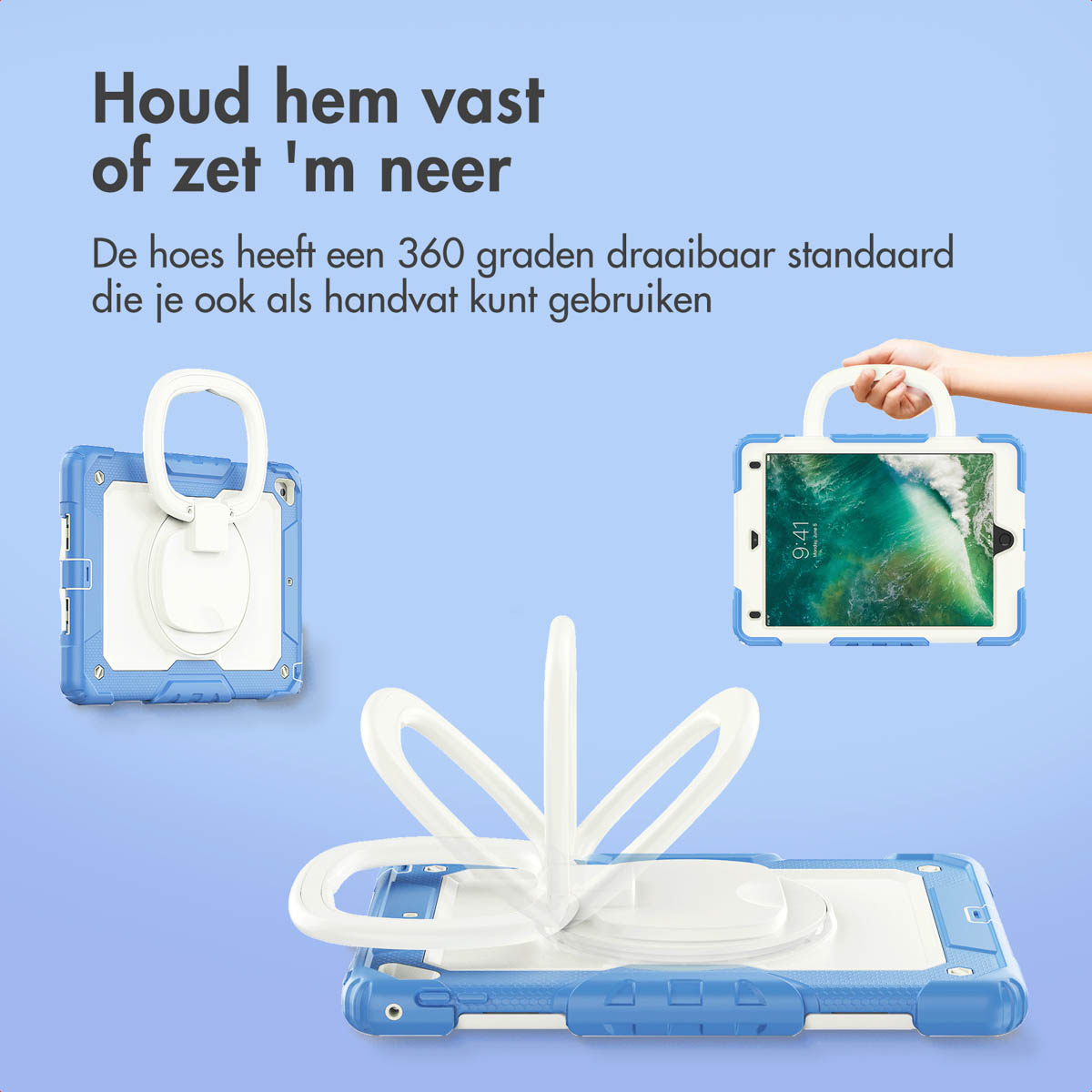 Een blauw-witte tablethoes met een draaibare handgreep wordt in verschillende posities getoond, inclusief het vasthouden.