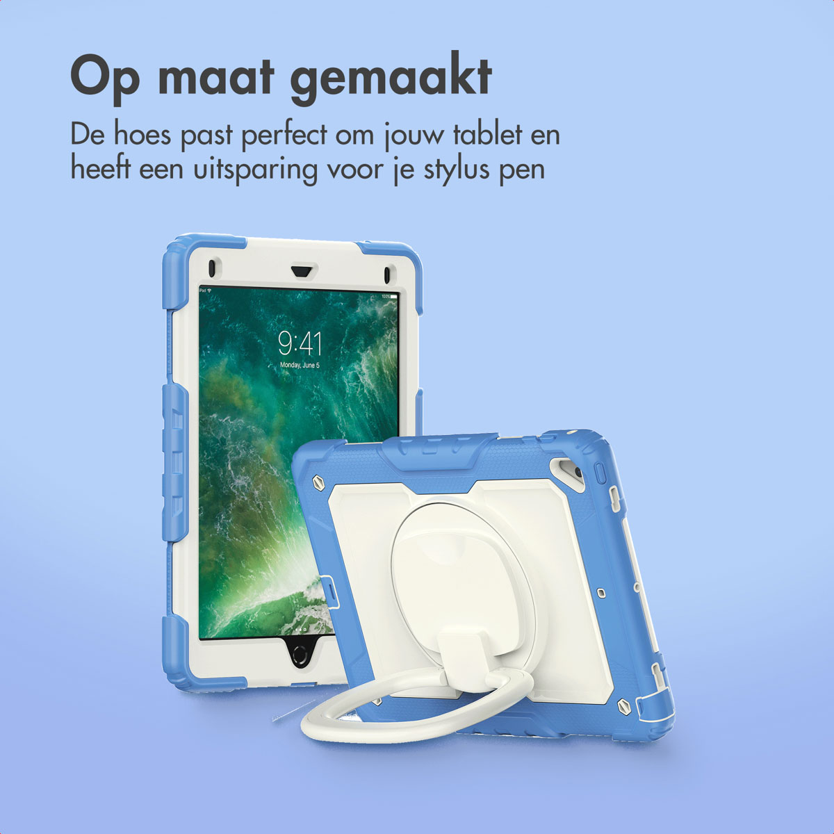 Een tablet in een blauw-witte beschermhoes, met ringstandaard. Het scherm toont 9:41. Er is Nederlandse tekst zichtbaar.