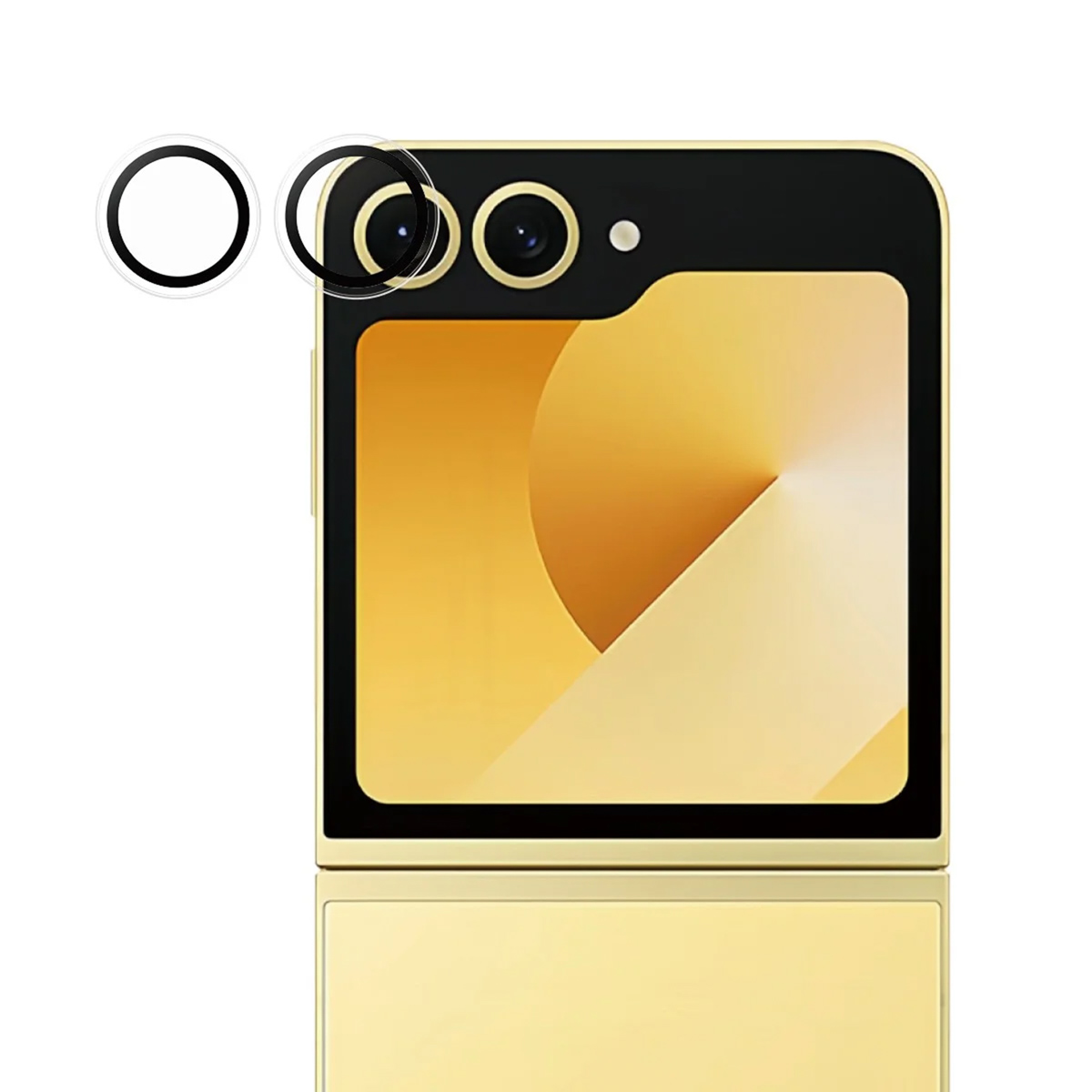 Un téléphone doré, partiellement ouvert, avec deux objectifs et un protecteur d'appareil photo. L'écran a un design en dégradé.