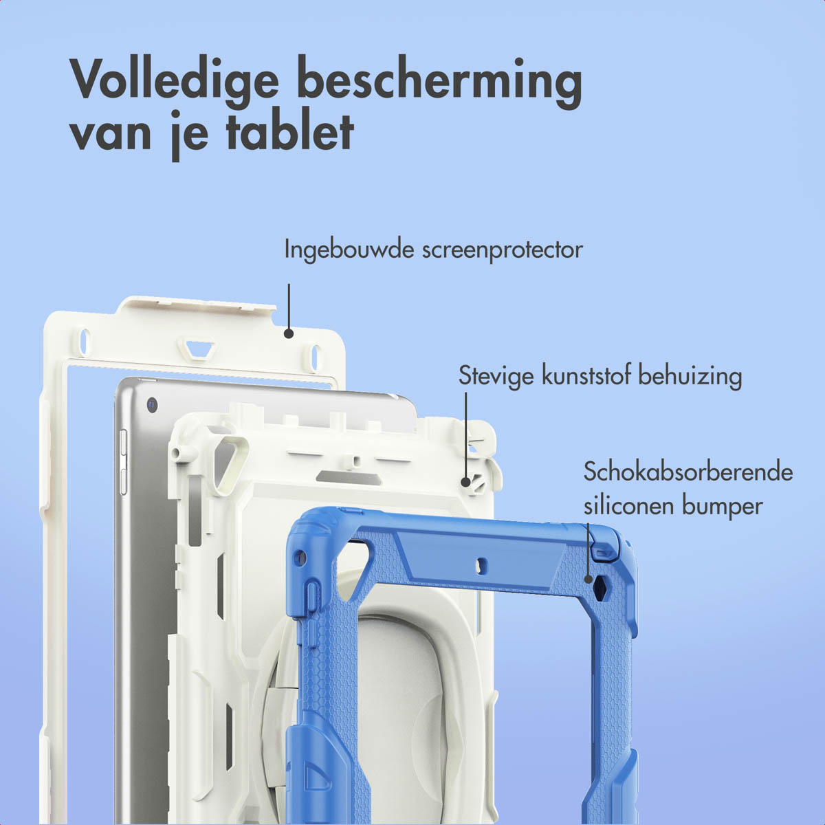 Diagram van een tablethoes met labels: schermbeschermer, kunststof behuizing en siliconen bumper. Blauwe en witte kleuren.