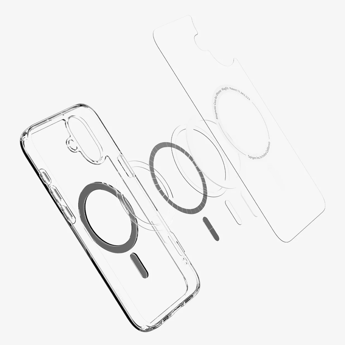 Custodia trasparente per telefono e protezione schermo con anello magnetico. Elementi trasparenti con accenti grigi su sfondo bianco.