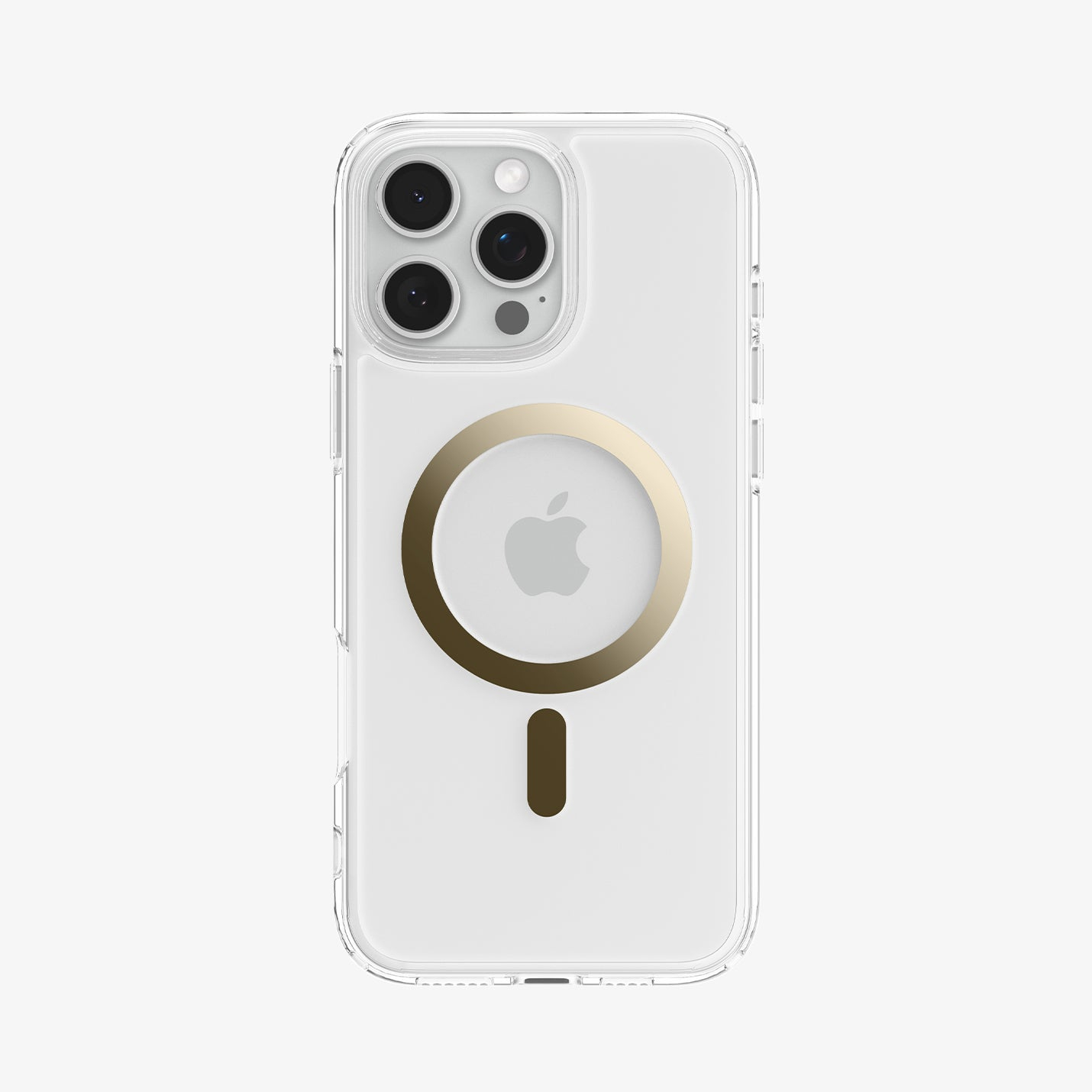 Transparante iPhone-hoes met gouden ring en Apple-logo. De hoes heeft een camera met meerdere lenzen.
