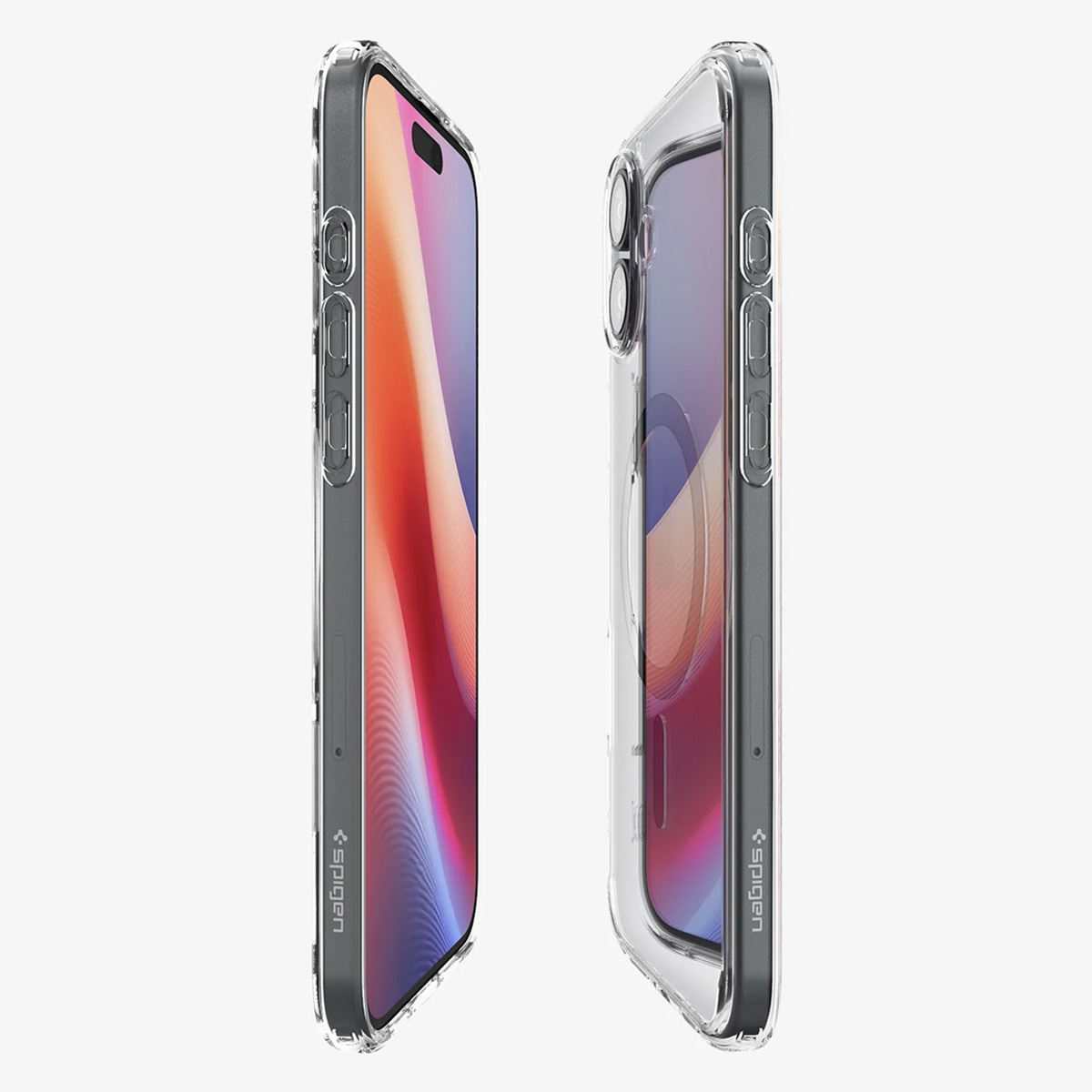 Due smartphone in custodie trasparenti, vista laterale. Gli schermi mostrano gradienti rossi, arancioni e blu. Le custodie sono marchiate 'Spigen'.
