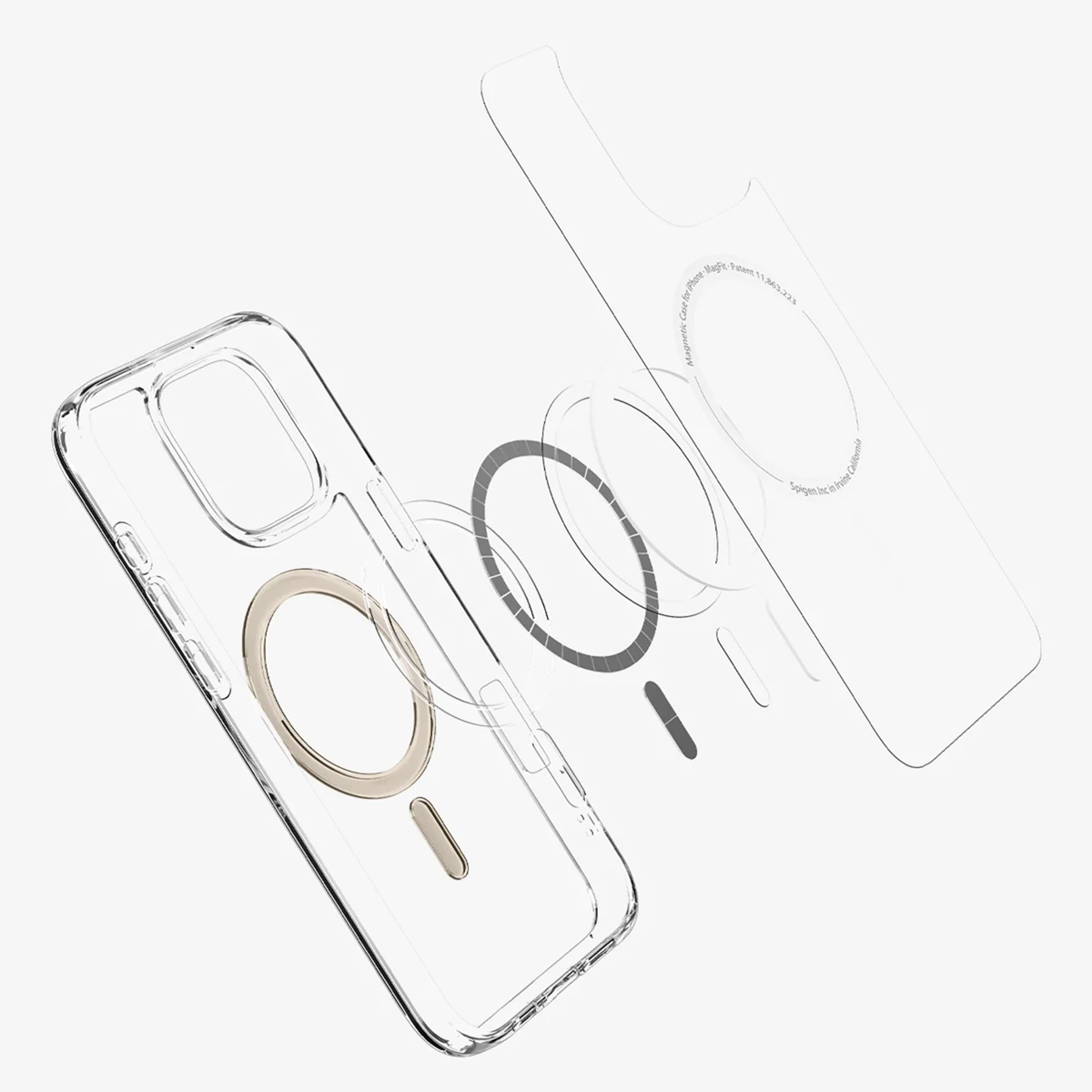 Een doorzichtige telefoonhoes met een magnetische ring, samen met componenten en een doorzichtig blad, alles op een witte achtergrond.