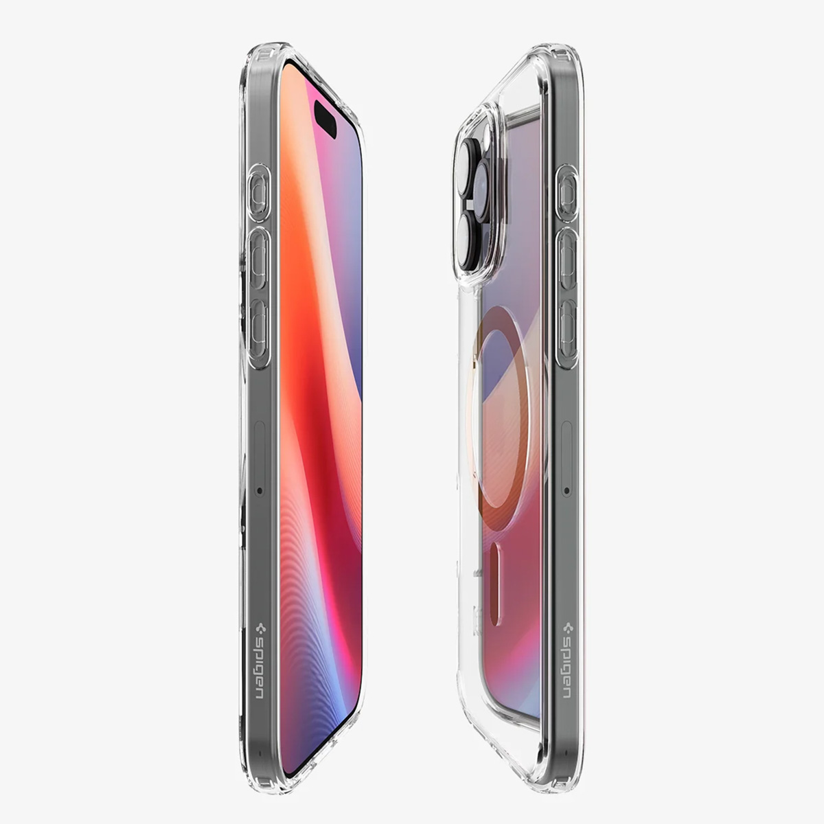 Twee transparante telefoonhoesjes, elk met een telefoon. Hoesjes hebben een Spigen-logo. Eén telefoon toont rode en blauwe kleuren, de andere camera's.