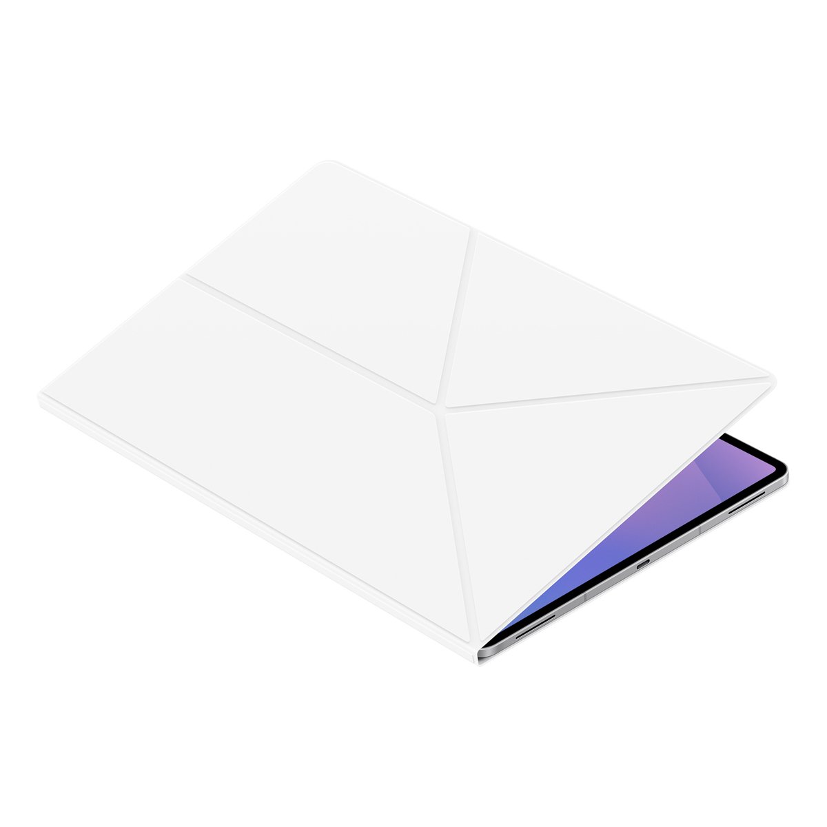 Biały tablet z białą okładką jest lekko otwarty, ukazując ekran. Ekran wyświetla fioletowy gradient na białym tle.