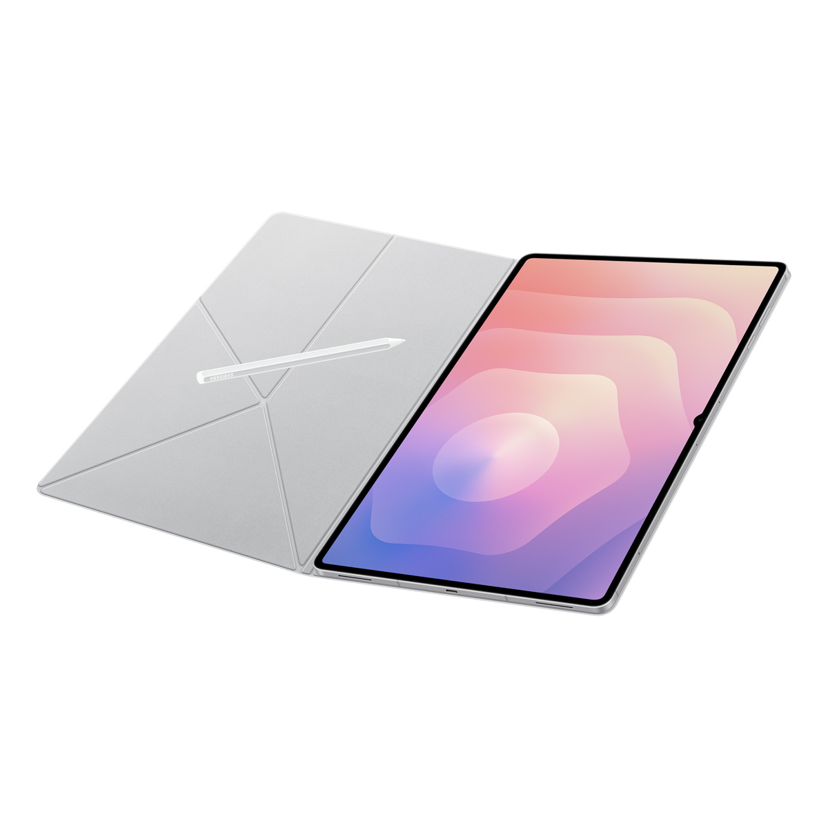 Tablet z jasnoszarą obudową i rysikiem. Ekran wyświetla kolorowy, abstrakcyjny obraz. Białe tło.