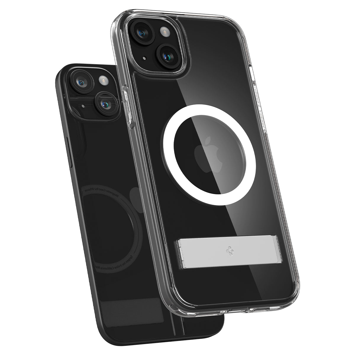 Twee zwarte iPhone-hoesjes met doorzichtige randen worden getoond. Eén heeft een witte ring en een zilveren standaard.
