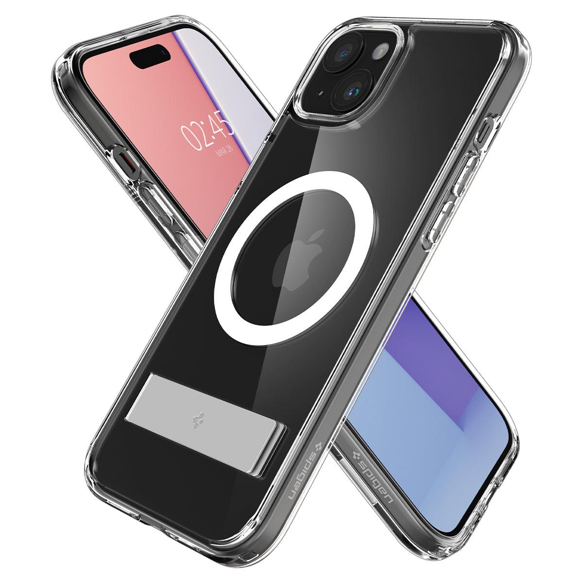 Transparante iPhone-hoesjes met telefoons erin. Eén toont de tijd, de andere heeft cameralenzen. Beide zijn onder een hoek.