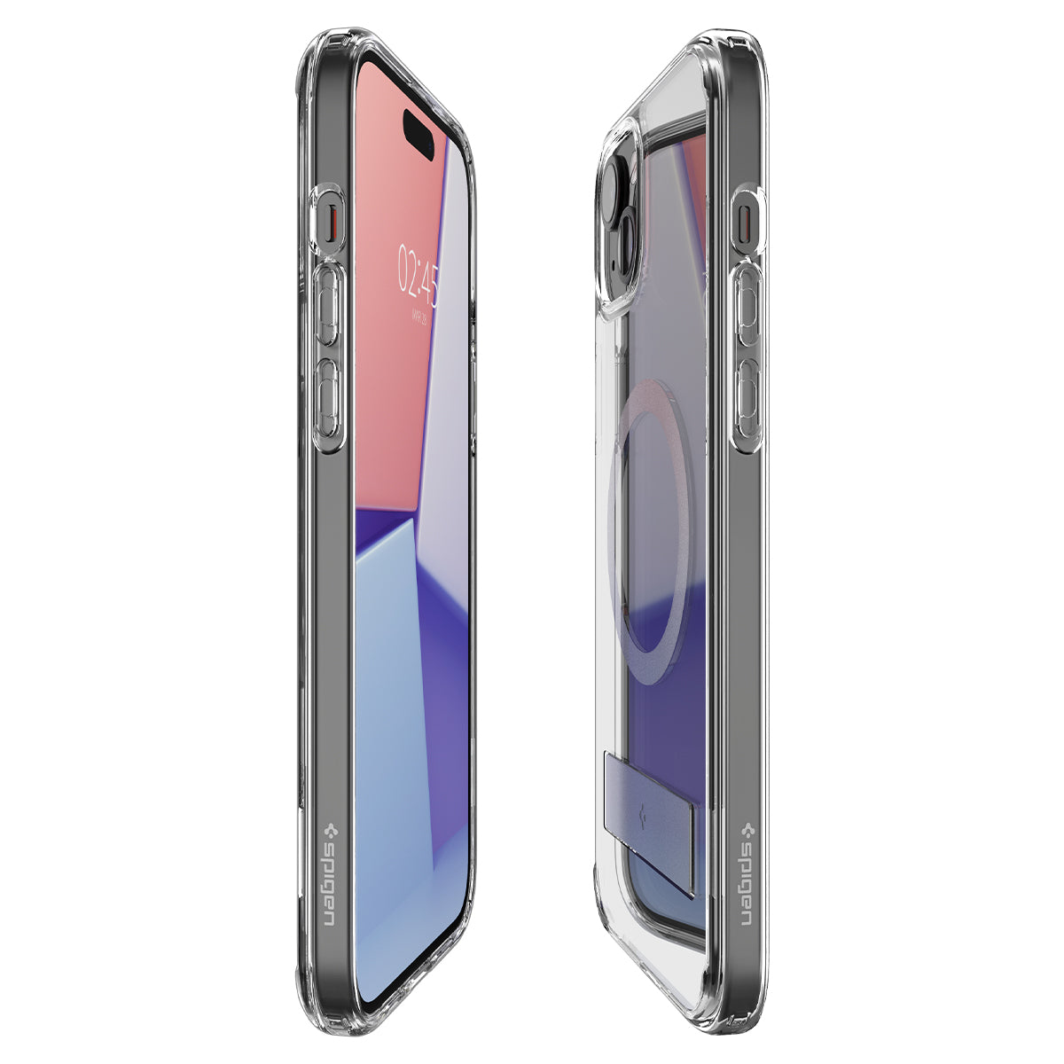 Twee telefoons in transparante beschermhoezen. Eén toont het scherm met de tijd. Hoezen hebben het merk 'Spigen'.