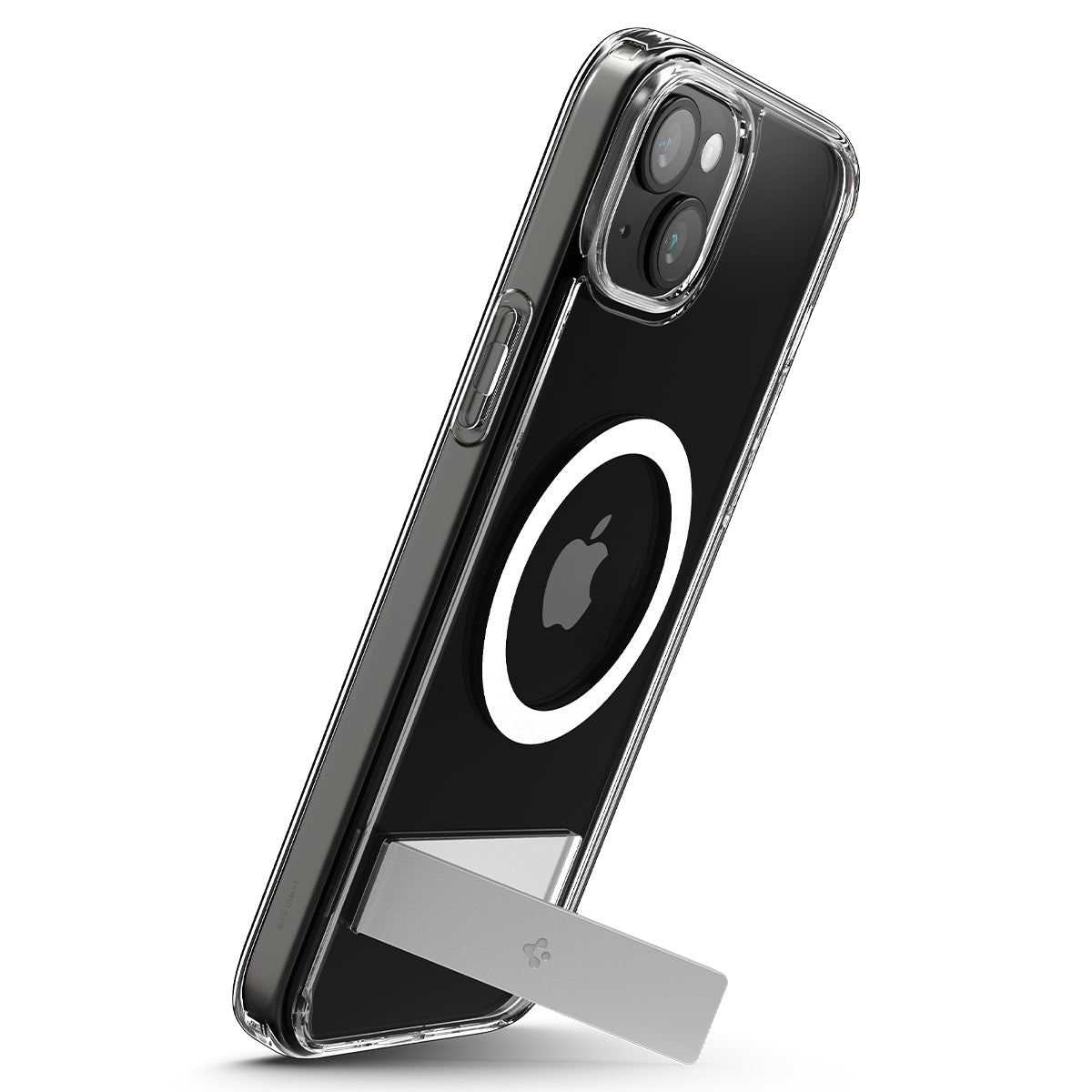 Een doorzichtige telefoonhoes met Apple-logo, ondersteund door een zilveren standaard. De hoes heeft een camerabult.