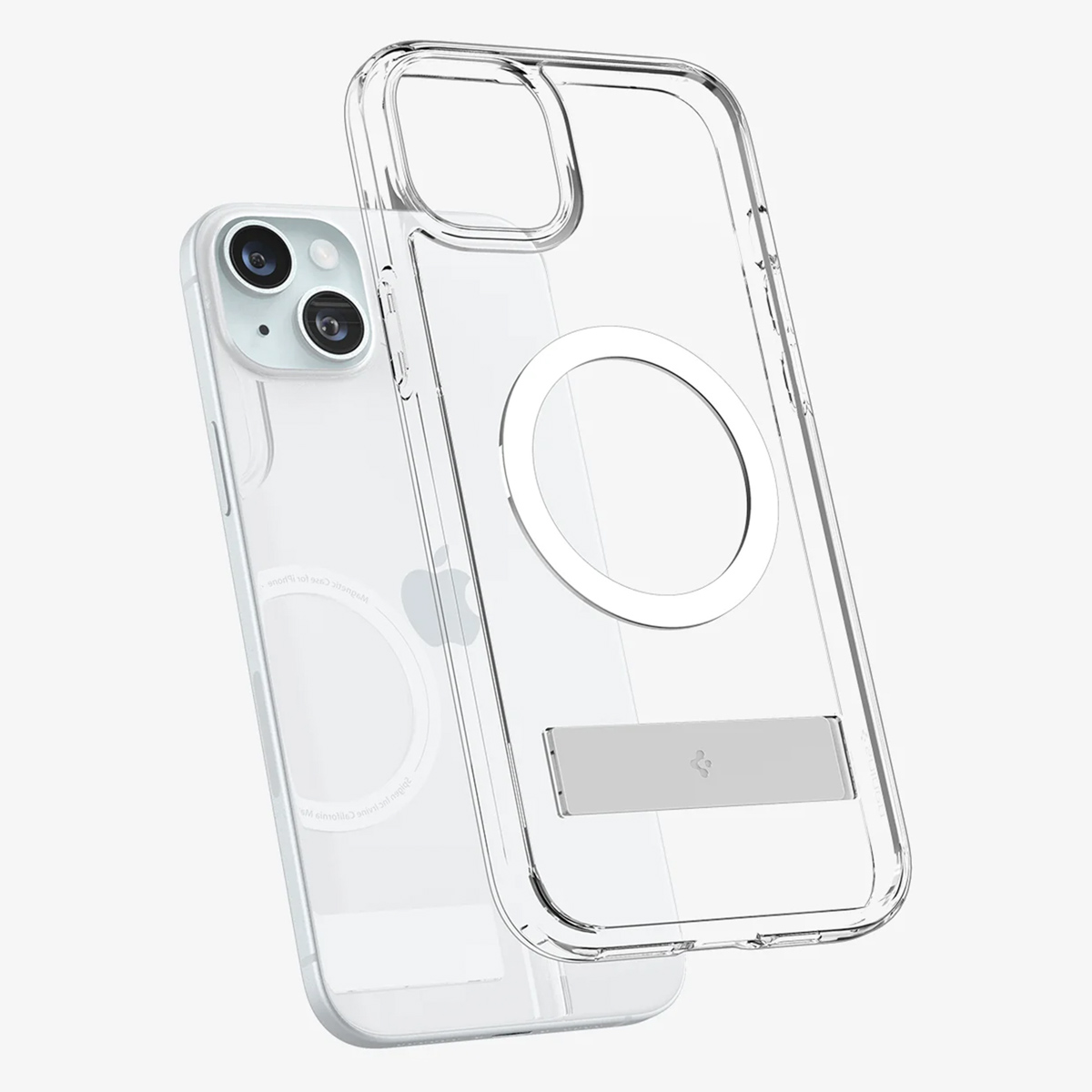 Transparante iPhone en hoesje. De telefoon heeft drie camera's. De hoes heeft een magnetische ring en een standaard.