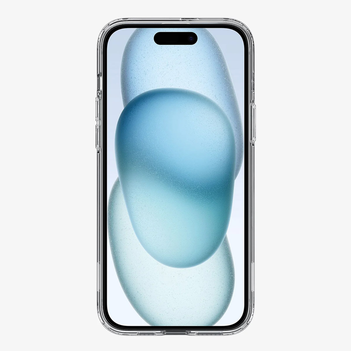 Een smartphone met een doorzichtige hoes wordt getoond. Het scherm toont abstracte blauwe vormen op een lichte achtergrond.