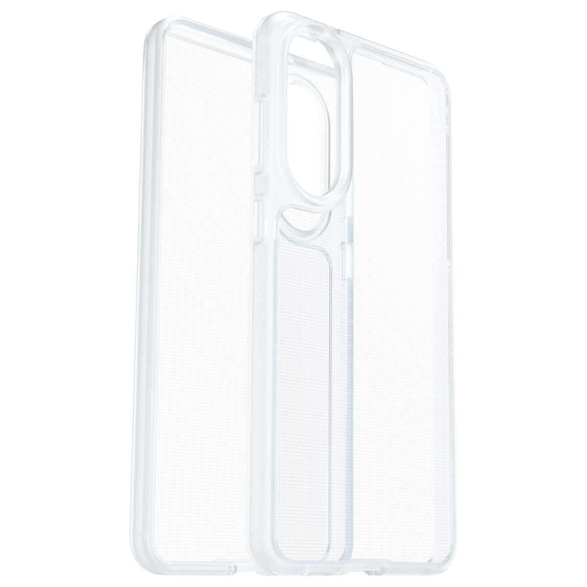 Deux coques de téléphone transparentes sont empilées. Les coques sont en plastique transparent. Le fond est blanc.
