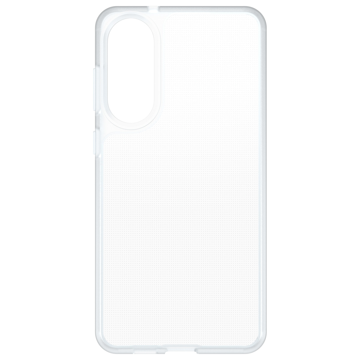 Une coque de téléphone transparente. Elle comporte une découpe pour l'appareil photo et des indentations pour les boutons. La surface est pointillée.