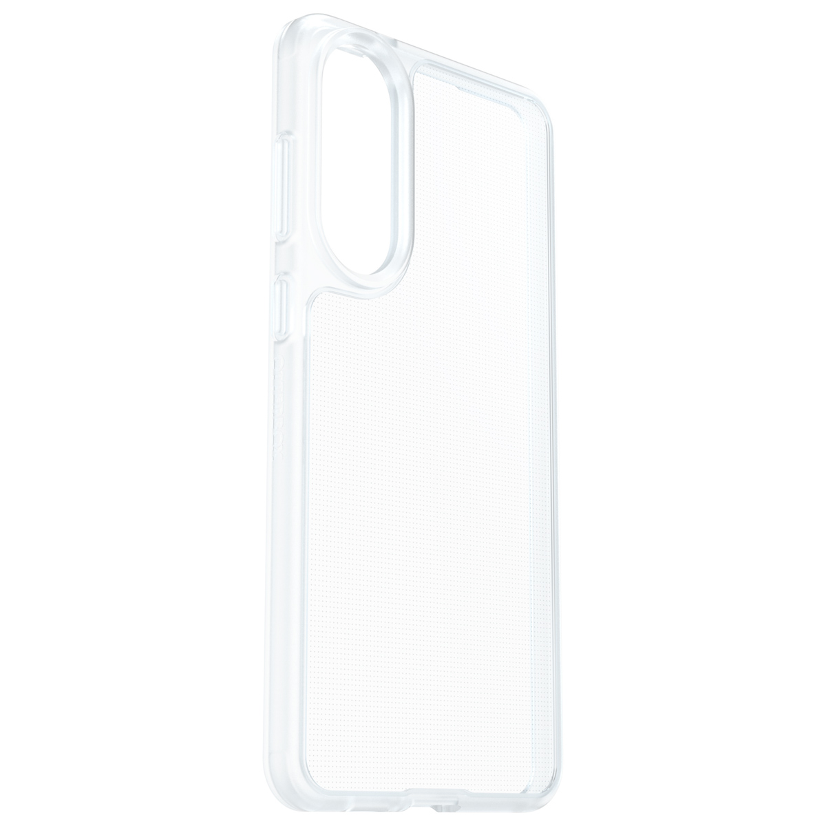 Une coque de téléphone claire et transparente. Elle est en plastique et possède un intérieur texturé. La coque est sur fond blanc.