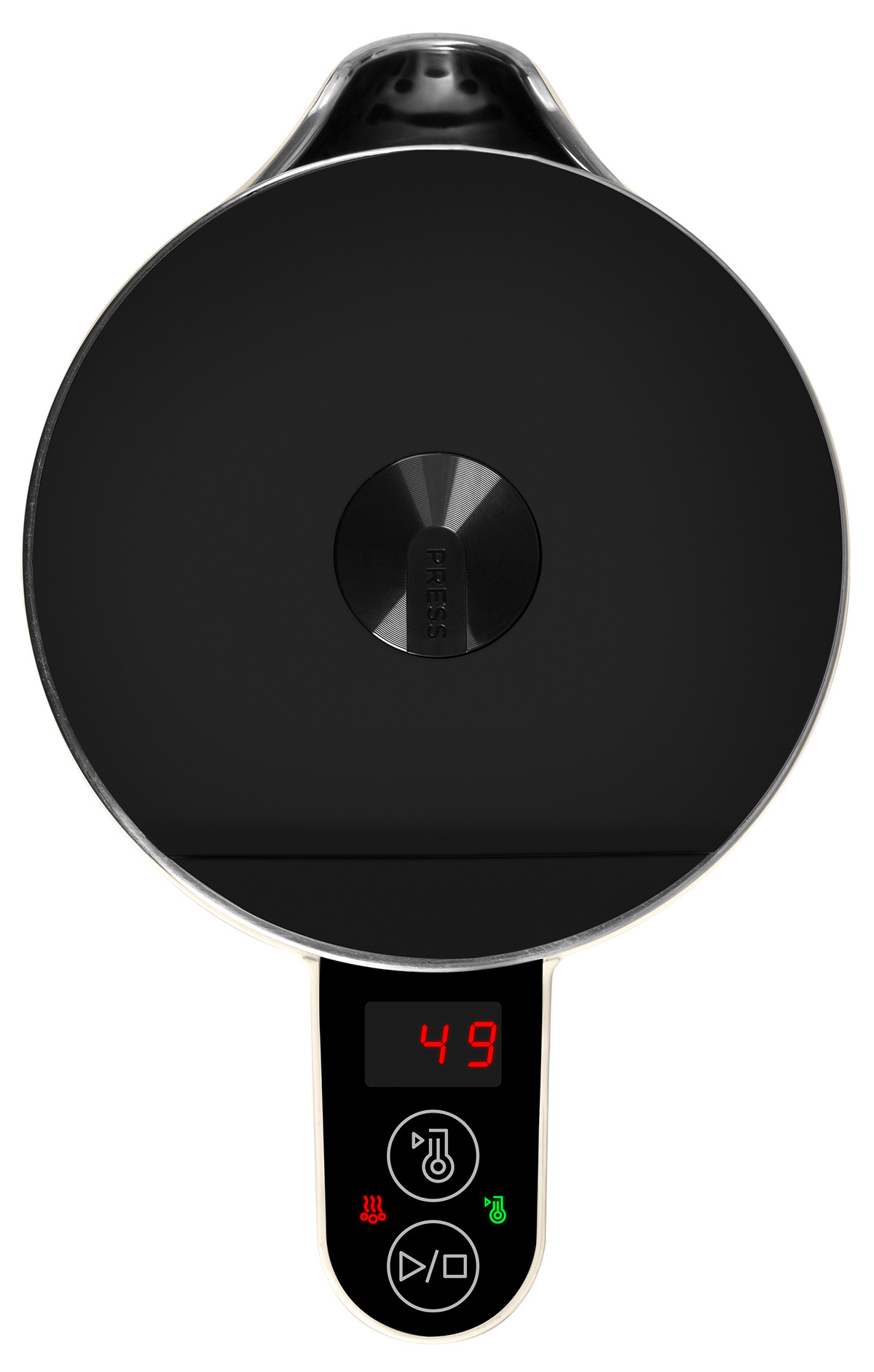 Nowoczesny czajnik elektryczny. Czarny wierzch, cyfrowy wyświetlacz z 49. Przyciski obejmują ustawienia temperatury i włącz/wyłącz.
