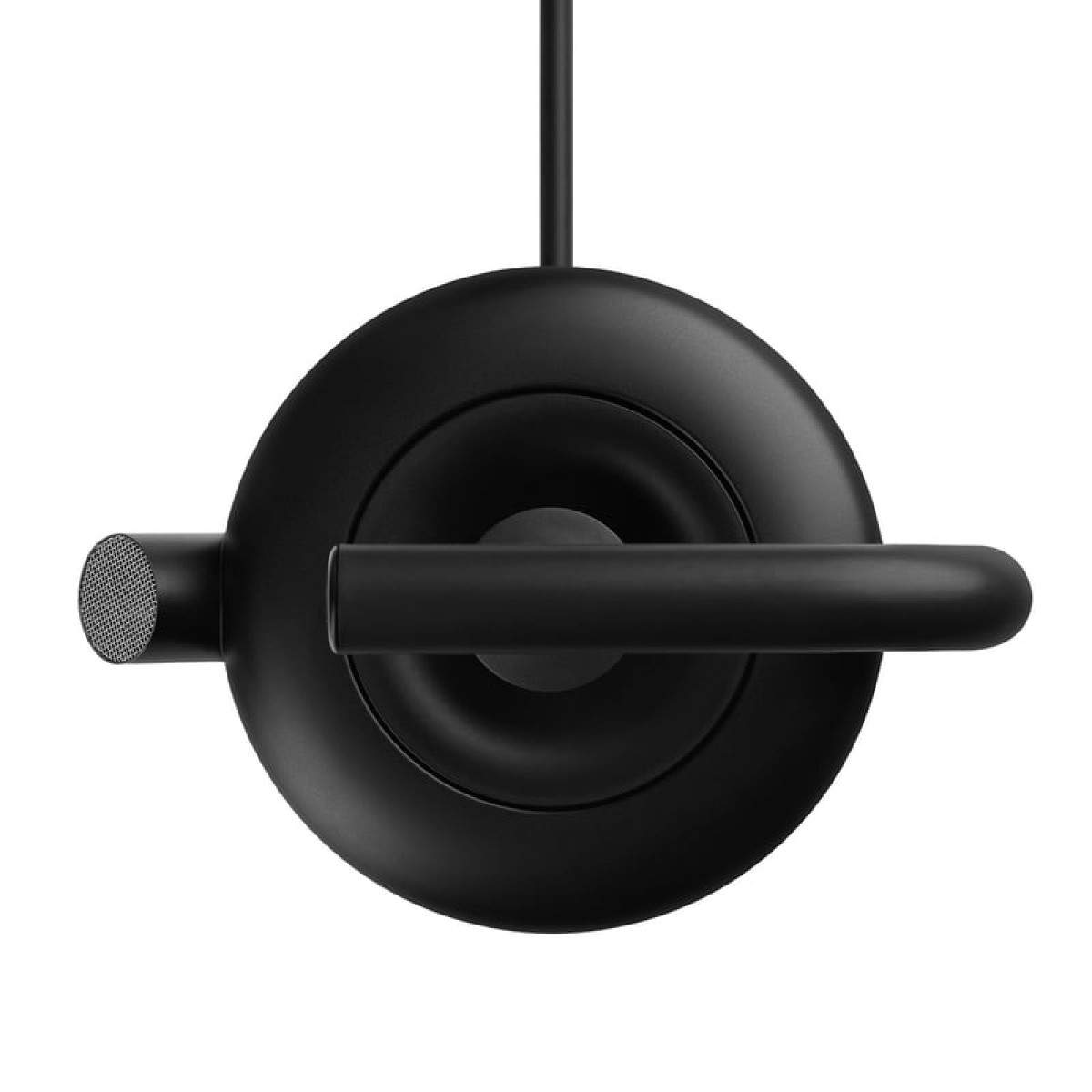 Zbliżenie czarnego, okrągłego głośnika z uchwytem i małym, cylindrycznym mocowaniem po lewej stronie.