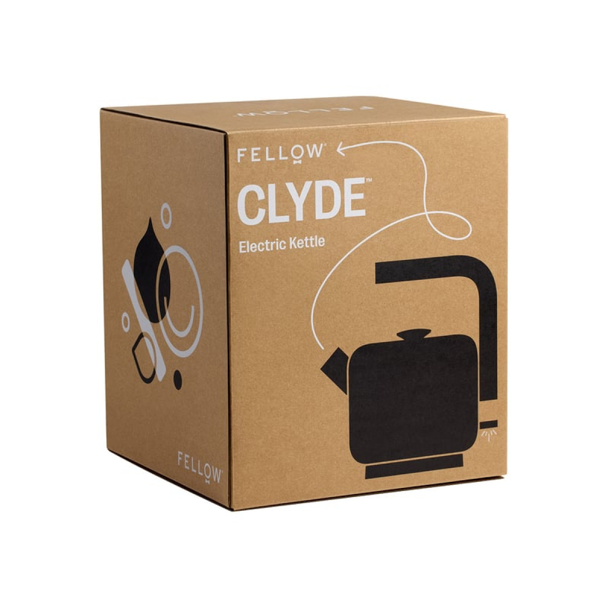 Brązowe kartonowe pudełko z napisem Clyde Electric Kettle. Pudełko ma rysunek czajnika. Marka to Fellow.