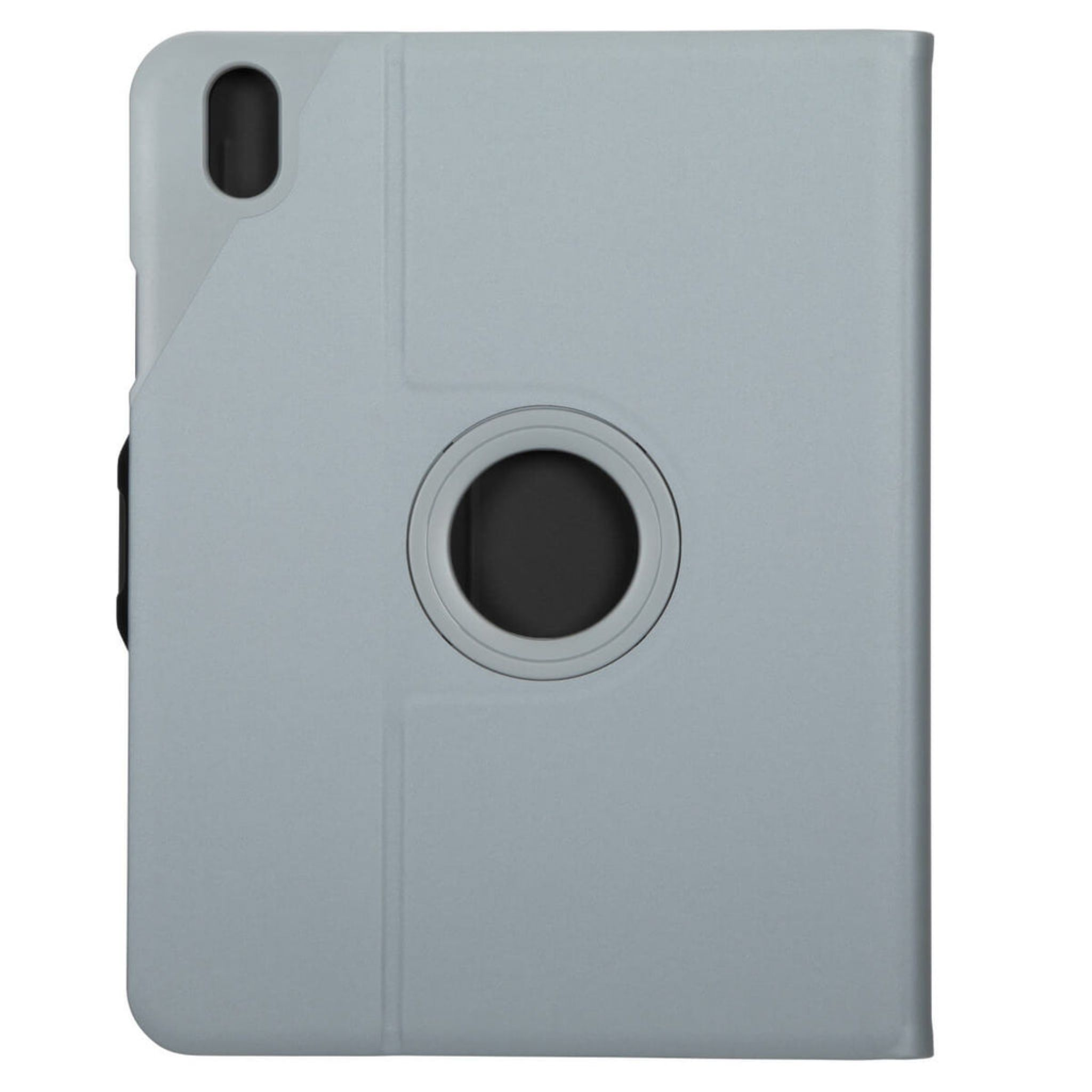 Un étui de tablette gris avec un trou pour l'appareil photo et un cercle noir au milieu.