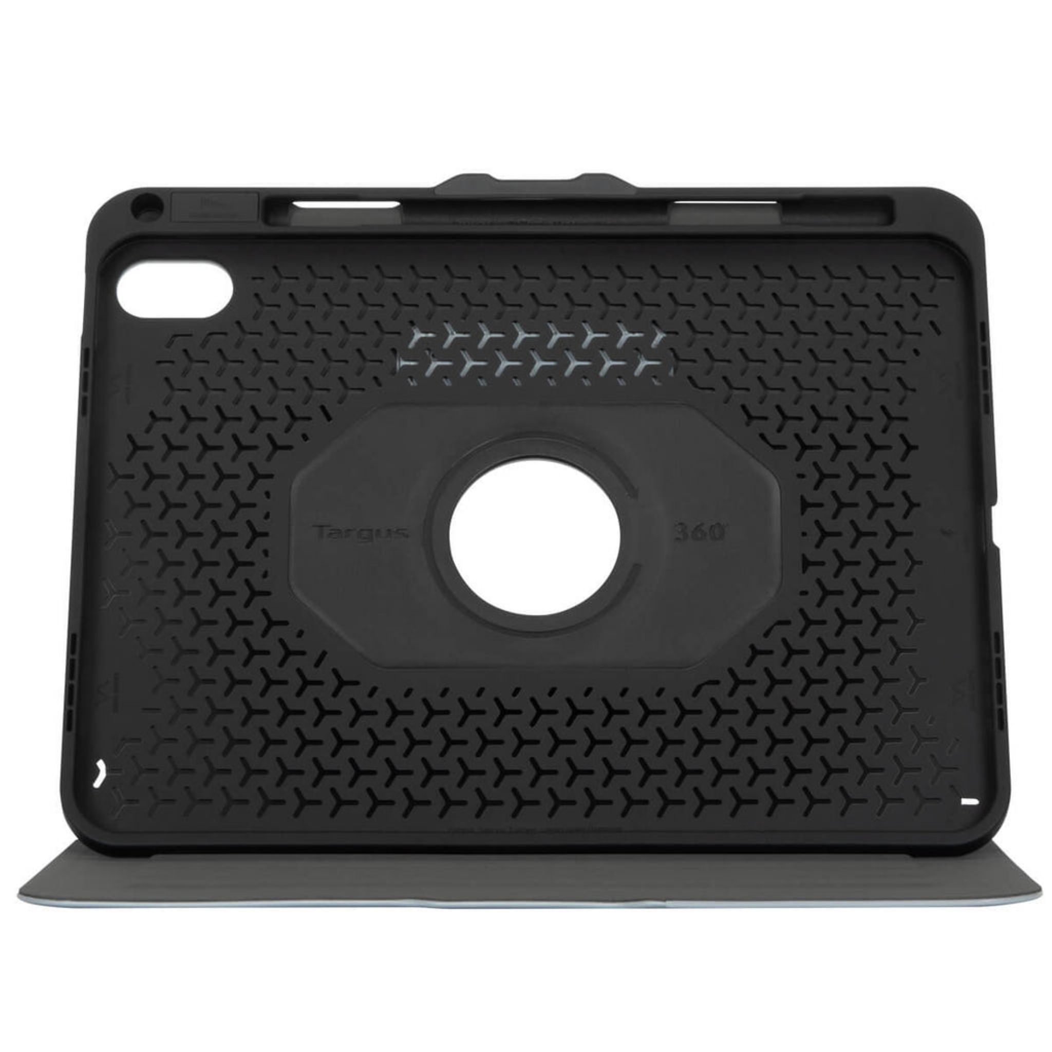 Étui de tablette noir avec motif géométrique, logo Targus et centre rotatif à 360 degrés. L'étui est ouvert.
