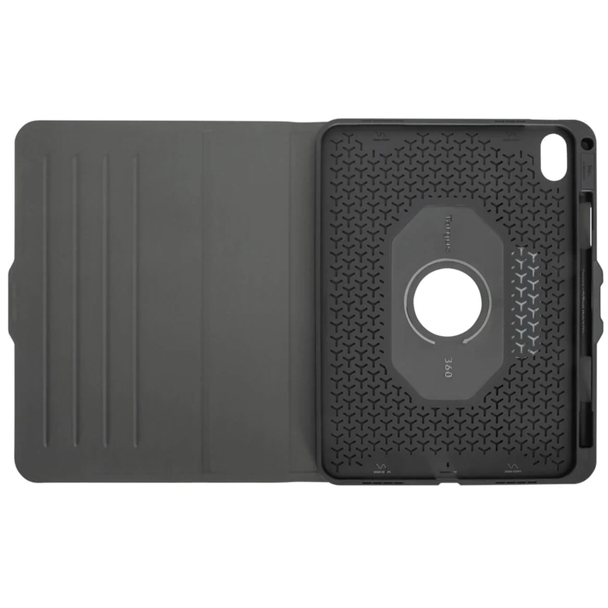 Une housse de tablette gris foncé, ouverte. L'étui a un intérieur texturé avec un support rotatif et une couverture lisse et pliable.