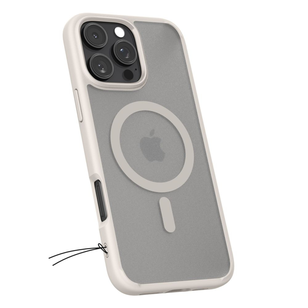 Een witte en grijze telefoonhoes met drie cameralenzen, Apple-logo en een lus voor een riem op een witte achtergrond.