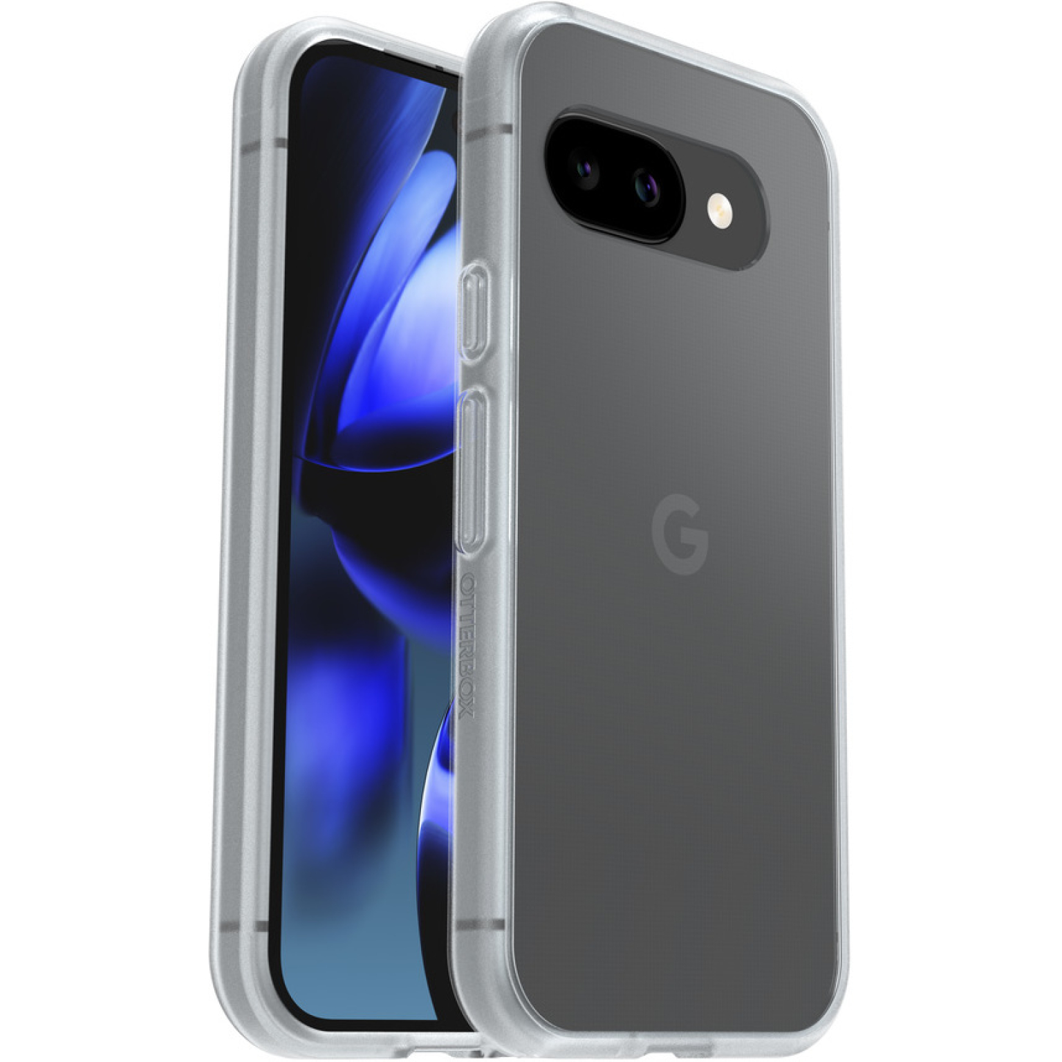 Een doorzichtige telefoonhoes beschermt een Google Pixel-telefoon. De telefoon heeft een donkergrijze achterkant met het Google-logo.