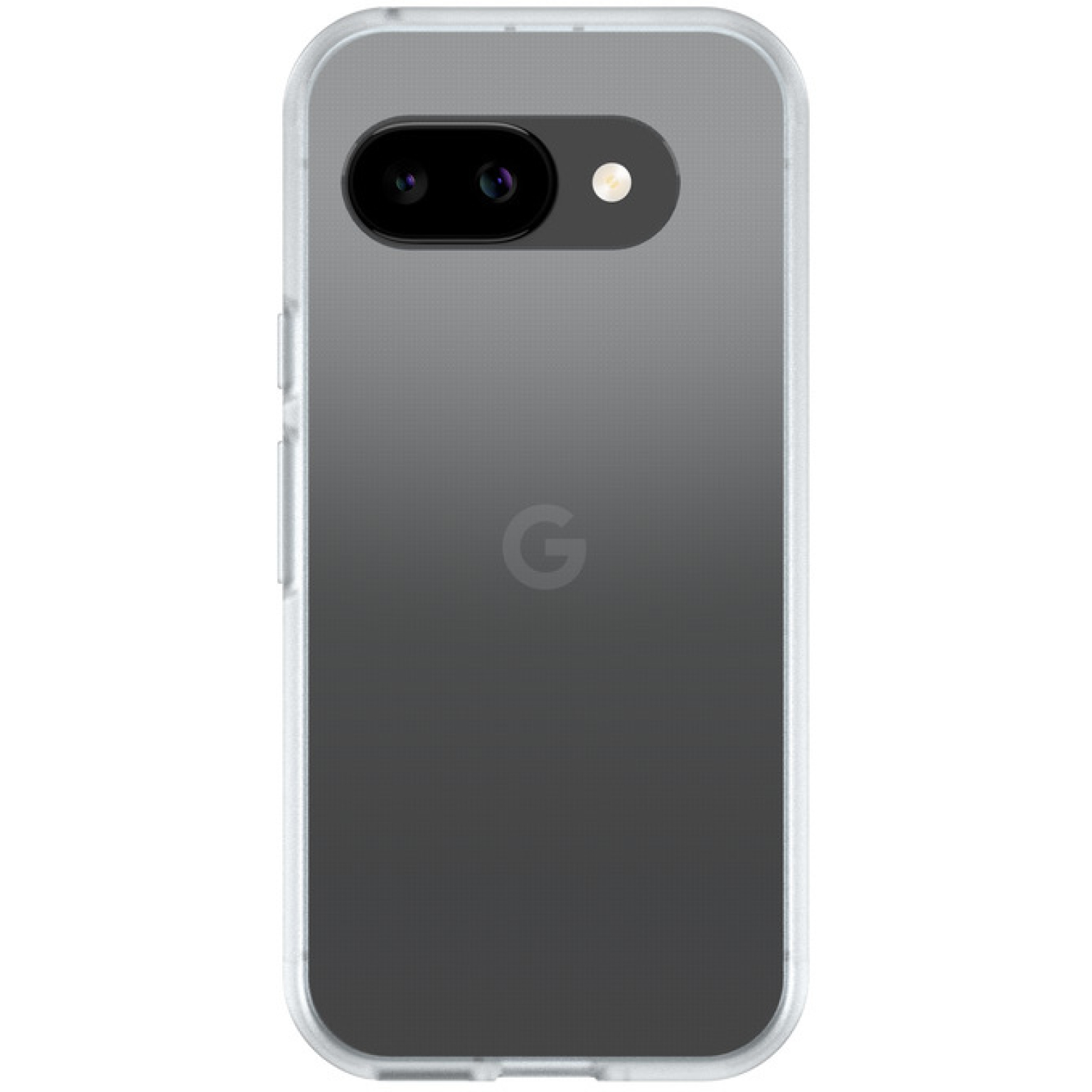 Een smartphone in een transparante hoes. Het heeft een grijze achterkant met verloop, een camera en het Google-logo.