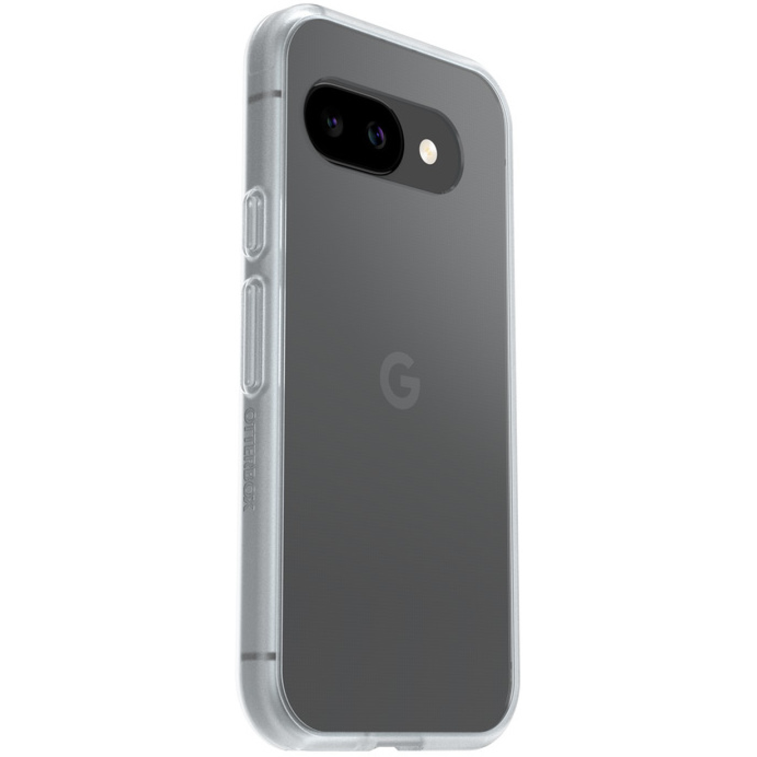 Een doorzichtige telefoonhoes beschermt een Google Pixel-telefoon. De telefoon heeft een dubbele cameralens en een 'G'-logo op de achterkant.