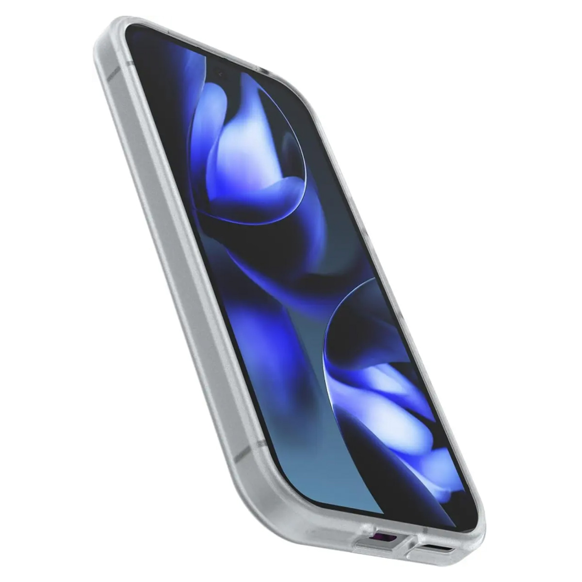 Een smartphone in een doorzichtige hoes. Het scherm toont een blauw-witte abstracte afbeelding. De telefoon is naar links gekanteld.