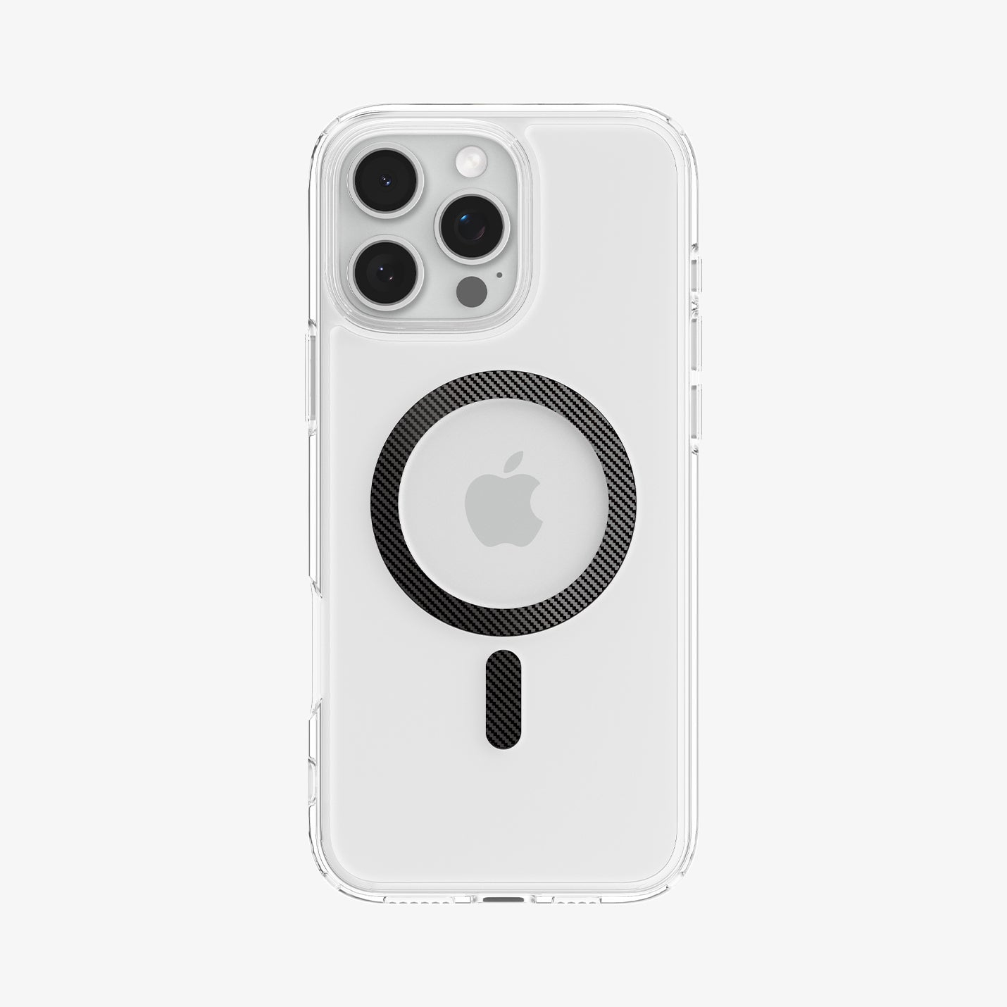 Transparante iPhone-hoes met zwarte ring en Apple-logo. Bevat cameralenzen. De achtergrond is wit.