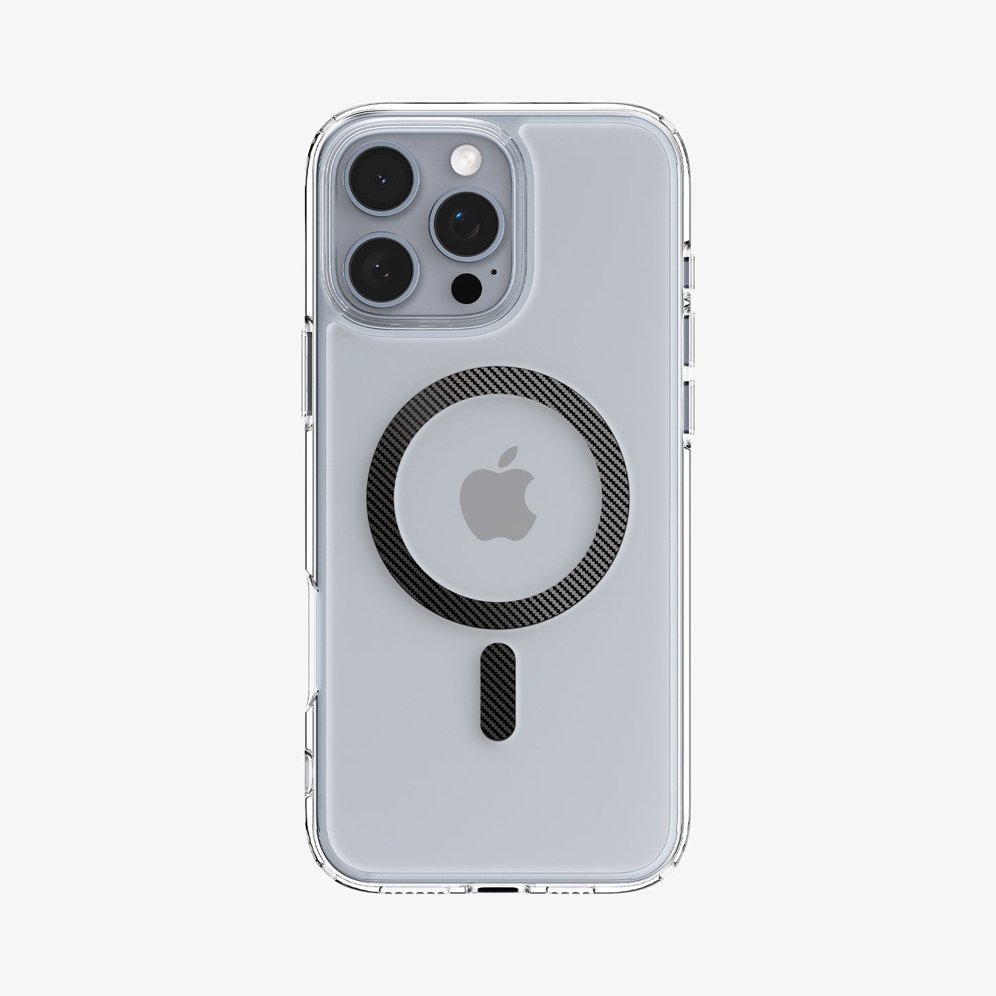 Transparante iPhone-hoes met zwarte ring en Apple-logo. De hoes heeft een magnetische bevestiging. De achtergrond is wit.