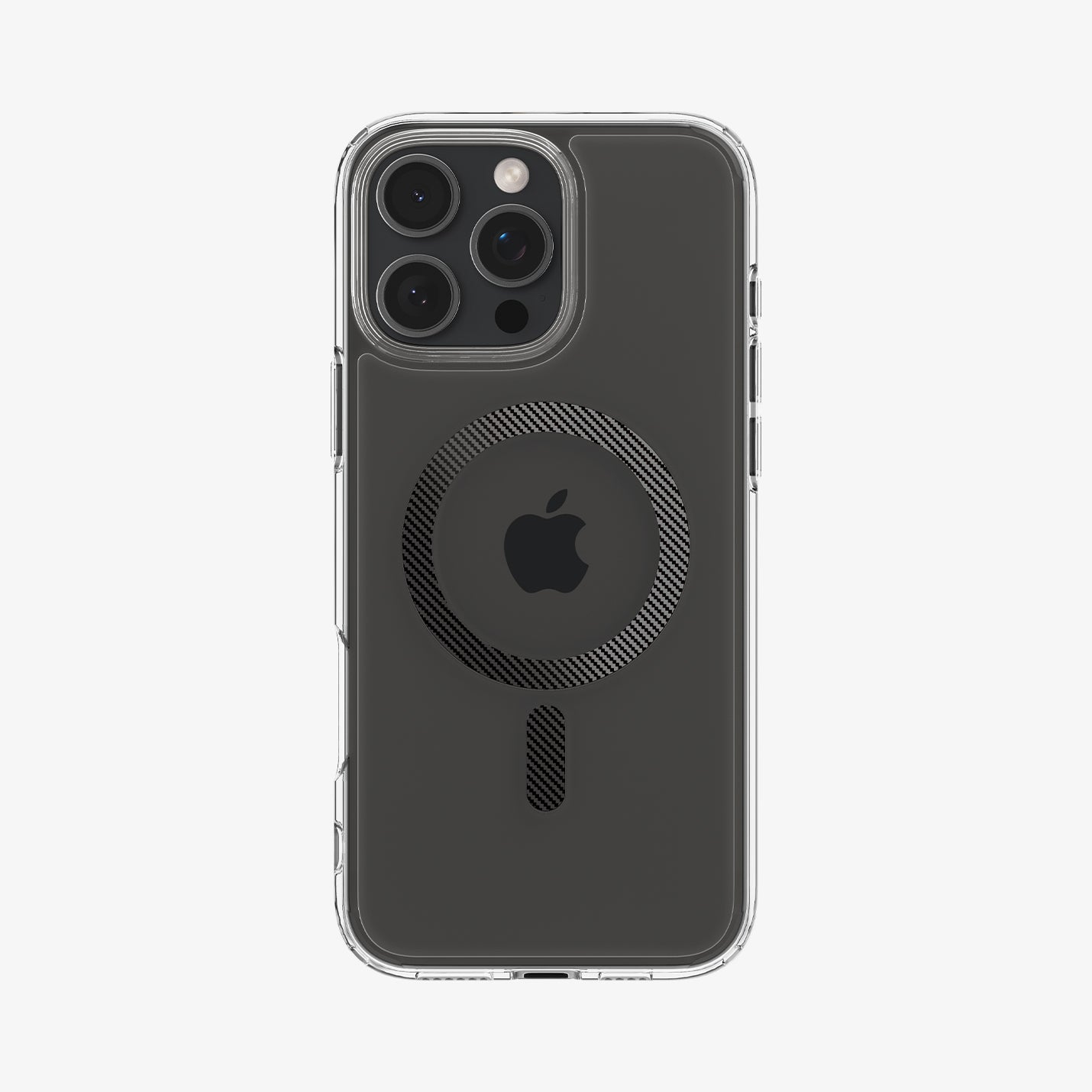 Transparante iPhone-hoes met donkergrijze achterkant. Het heeft een cirkel met het Apple-logo en een verticale balk.