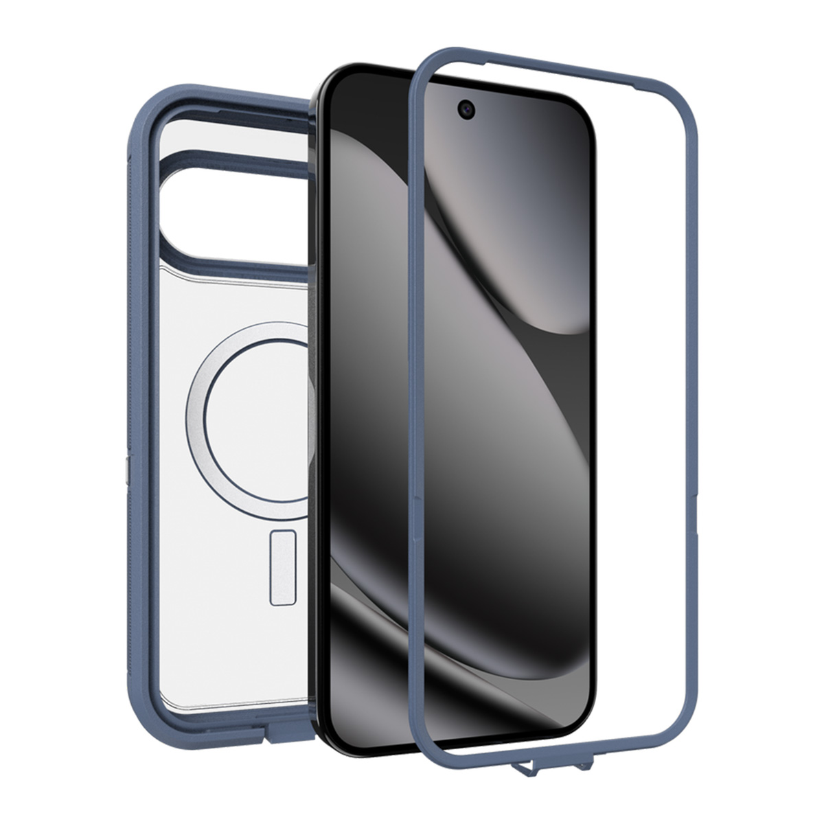 Un telefono con protezione schermo e custodia. La custodia ha bordi blu e retro trasparente. Il telefono è nero con fotocamera.