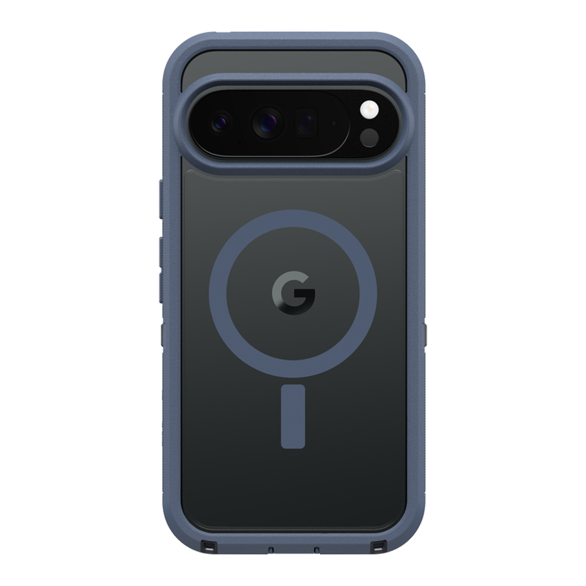 Una custodia per telefono Google Pixel. È blu scuro, con un retro trasparente e un logo Google circolare. 