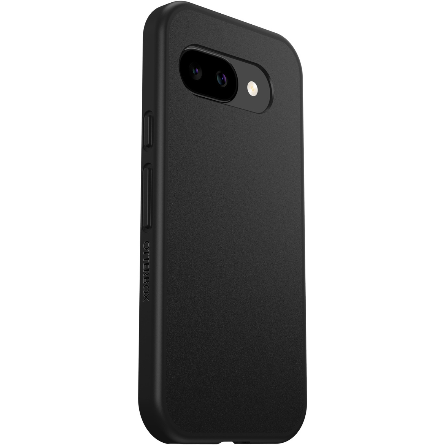 Een zwarte telefoon in een hoesje, enigszins schuin. Het heeft cameralenzen en Otterbox-branding. De achtergrond is wit.